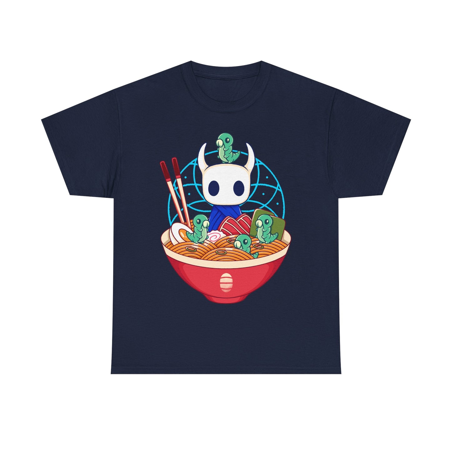 Cute Hollow Knight T-shirt featuring The Knight and adorable Grubs sitting inside a colorful ramen noodle bowl in a kawaii Japanese art style. The design blends food-themed illustration with indie game aesthetics, creating a fun and cozy look perfect for Hollow Knight fans, metroidvania lovers, ramen enthusiasts, and collectors. High-quality print ideal for gamers who enjoy cute cartoon art and unique fan-made apparel. hollow knight the knight ramen t-shirt, hollow knight ramen shirt, ramen tee