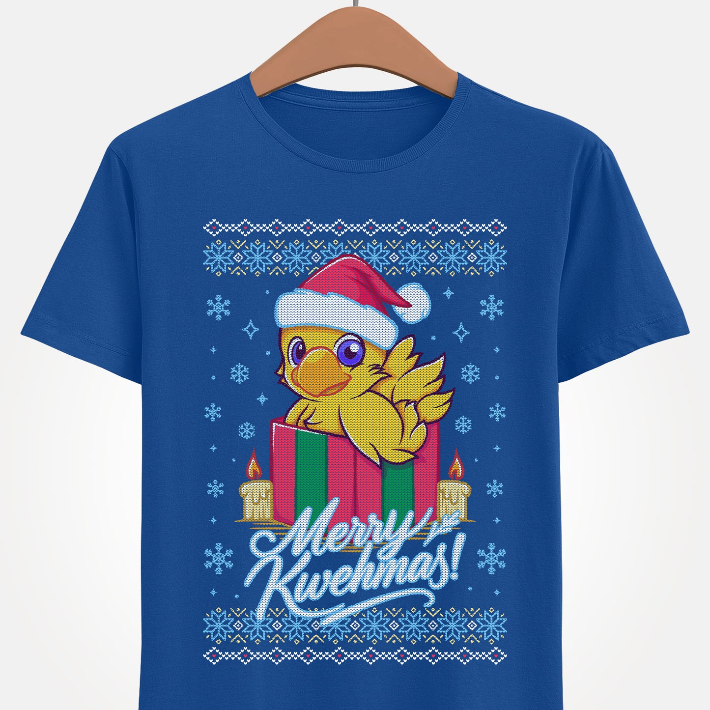 High-quality T-shirt featuring a cute Chocobo from the Final Fantasy series sitting inside a Christmas gift box and wearing a festive Santa hat. The design blends JRPG charm with adorable holiday aesthetics, making it perfect for fans of Chocobos, Christmas gaming apparel, and cute kawaii art. Ideal for gifting, collectors, and gamers who enjoy cozy festive clothing. Soft unisex tee suitable for daily wear during the holiday season. cute chocobo kawaii t-shirt, final fantasy christmas t-shirt