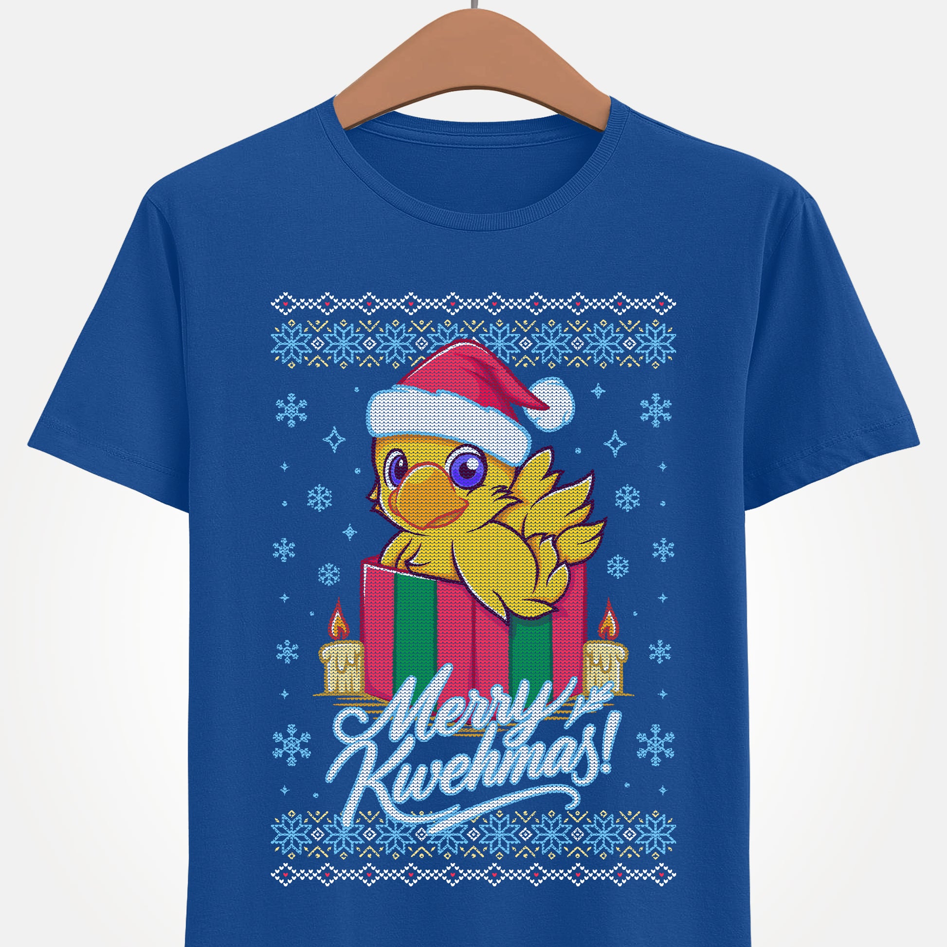 High-quality T-shirt featuring a cute Chocobo from the Final Fantasy series sitting inside a Christmas gift box and wearing a festive Santa hat. The design blends JRPG charm with adorable holiday aesthetics, making it perfect for fans of Chocobos, Christmas gaming apparel, and cute kawaii art. Ideal for gifting, collectors, and gamers who enjoy cozy festive clothing. Soft unisex tee suitable for daily wear during the holiday season. cute chocobo kawaii t-shirt, final fantasy christmas t-shirt