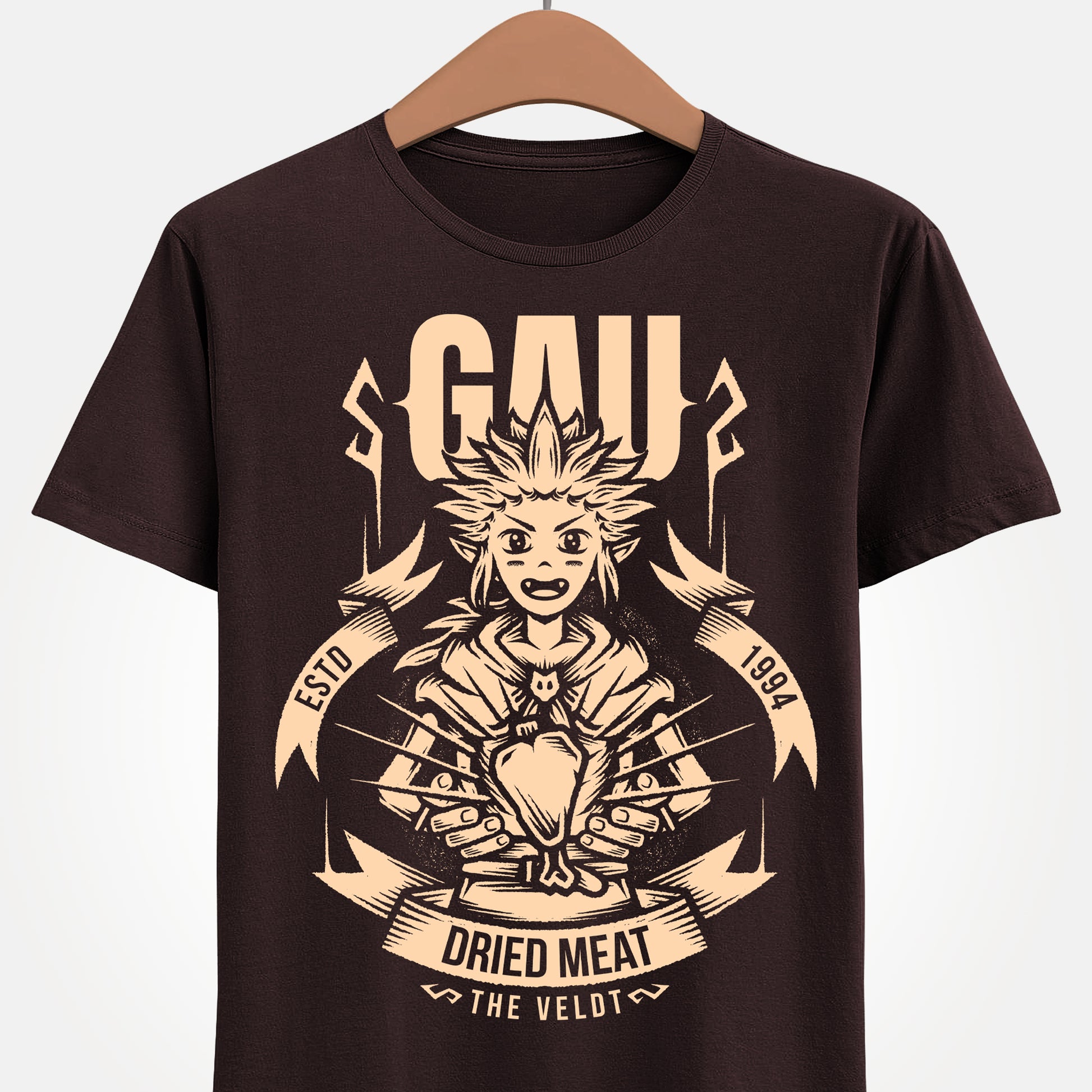 Gau Final Fantasy VI t-shirt featuring the Veldt recruitment scene with Sabin and Cyan using dried meat in the classic FF6 retro RPG. Perfect tee for Final Fantasy 6 gamers who wants unique merch.