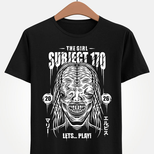 Resident Evil Requiem t-shirt inspired by the survival horror video game also known as Resident Evil 9 or RE9. Featuring the terrifying boss The Girl, also known as Marie or Subject 170, this design captures the dark atmosphere and psychological horror style of the Resident Evil series. Perfect survival horror gamer merch for fans of Resident Evil, survival horror video games. Marie who stalks protagonist Grace Ashcroft is a clone created by Dr. Victor Gideon for Project Elpis born at ARK.