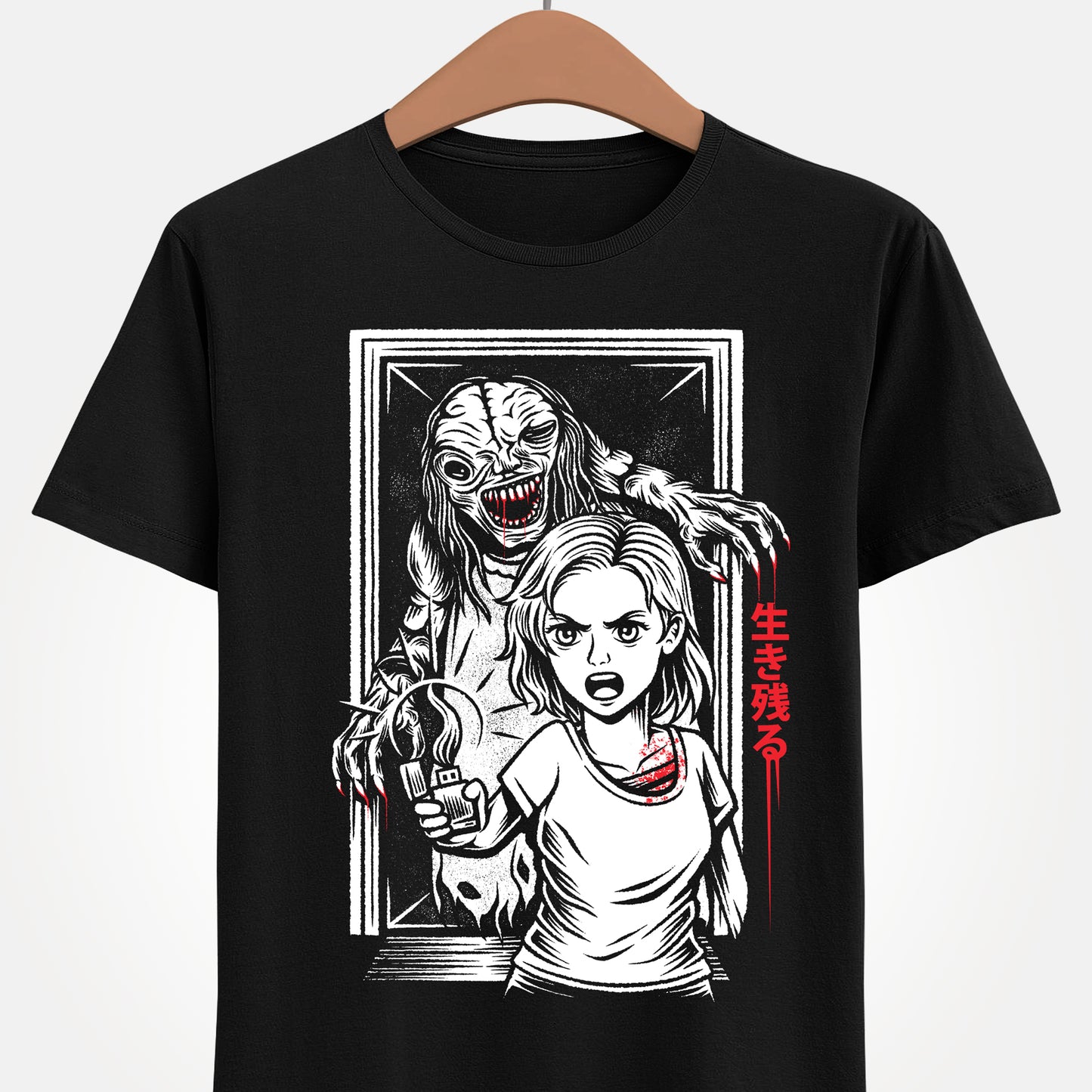 Resident Evil Requiem t-shirt inspired by the survival horror video game also known as Resident Evil 9 or RE9. Featuring protagonist Grace Ashcroft confronting the terrifying boss The Girl, also known as Marie or Subject 170, this design captures the dark atmosphere and psychological horror style of the Resident Evil series. Perfect survival horror gamer merch for fans of Resident Evil, horror video games.