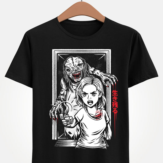 Resident Evil Requiem t-shirt inspired by the survival horror video game also known as Resident Evil 9 or RE9. Featuring protagonist Grace Ashcroft confronting the terrifying boss The Girl, also known as Marie or Subject 170, this design captures the dark atmosphere and psychological horror style of the Resident Evil series. Perfect survival horror gamer merch for fans of Resident Evil, horror video games.