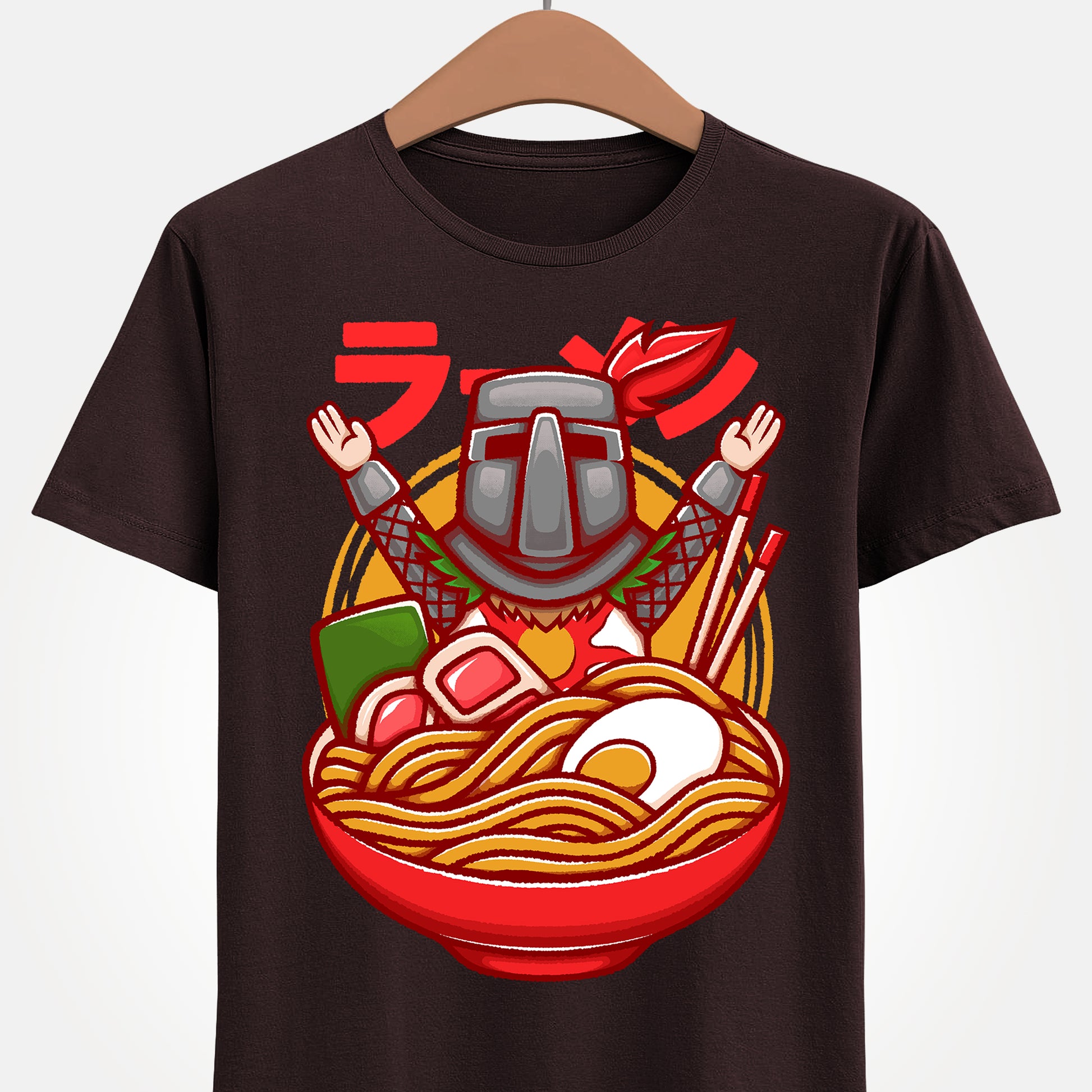 Solaire of Astora ramen t-shirt inspired by Dark Souls, featuring the iconic knight inside a stylized ramen bowl in a fun fantasy art style. This unisex gamer shirt blends action RPG energy with cozy Japanese ramen aesthetics. Perfect for fans of Dark Souls, Dark Souls II, Dark Souls III, Bloodborne, and Elden Ring. Ideal soulslike merch for collectors, FromSoftware fans, and gamers who love unique fantasy designs.