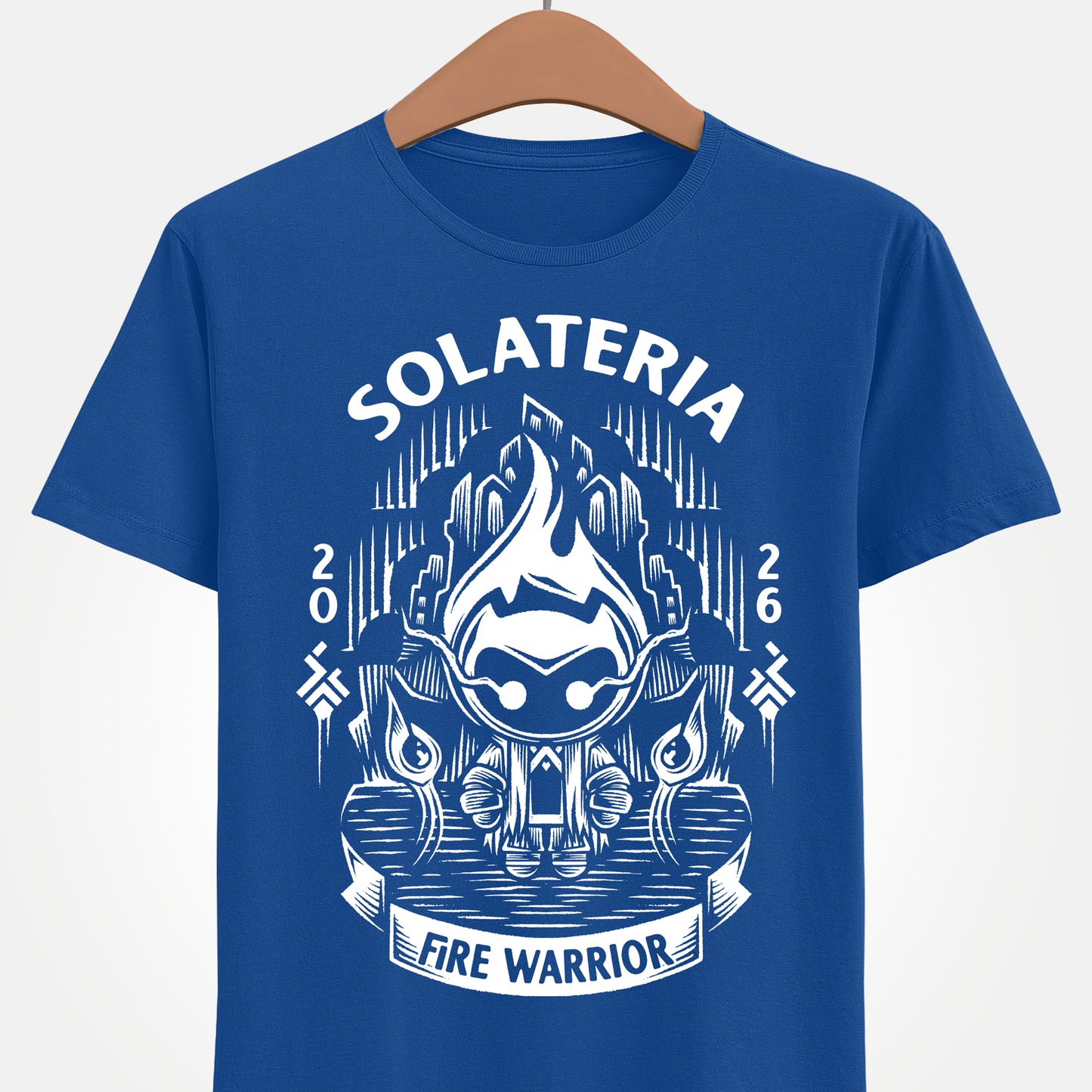 Solateria Fire Warrior t-shirt featuring the protagonist of the indie metroidvania game in a dark fantasy action platformer design.
