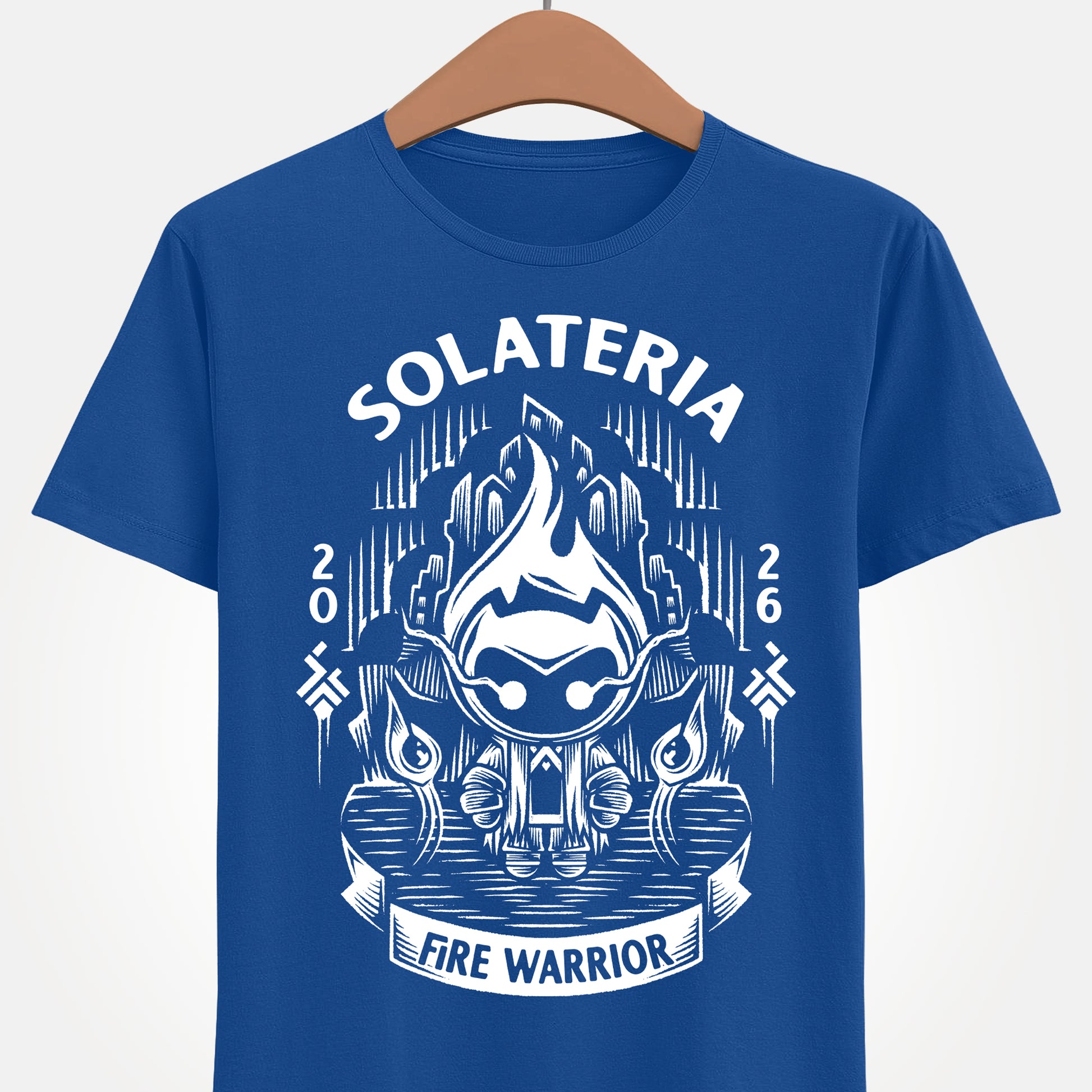 Solateria Fire Warrior t-shirt featuring the protagonist of the indie metroidvania game in a dark fantasy action platformer design.