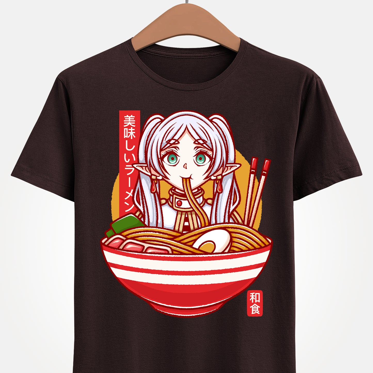 Frieren ramen t-shirt inspired by Sōsō no Frieren: Beyond Journey’s End, featuring the elf mage protagonist inside a stylized Japanese ramen bowl. This unisex anime shirt blends fantasy aesthetics with cozy ramen culture, creating a unique design for fans of the manga and anime series. Perfect anime merch for collectors, otaku enthusiasts, and lovers of Japanese art inspired apparel. Ideal t-shirt for Frieren fans and fantasy anime lovers.