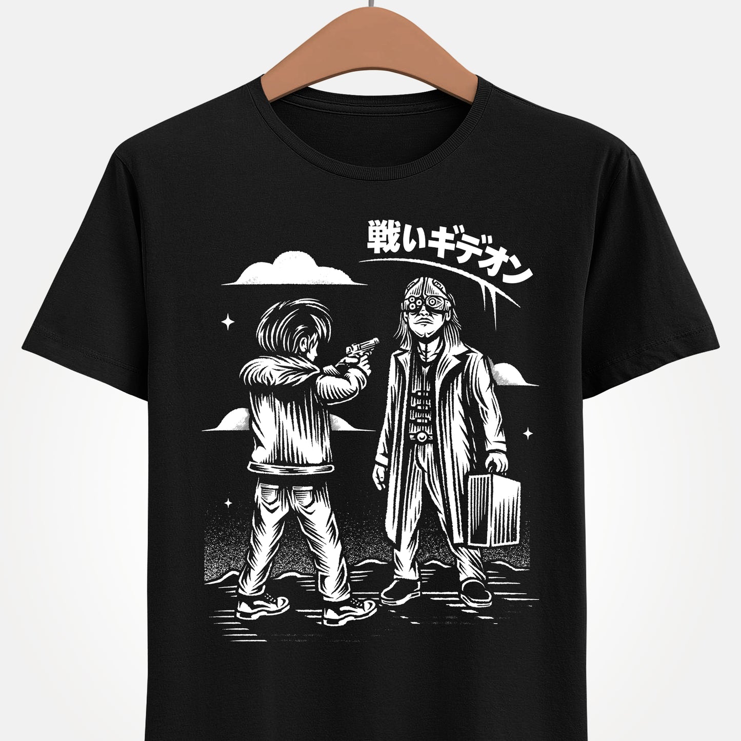 Resident Evil Requiem t-shirt featuring Leon S. Kennedy confronting Victor Gideon. Inspired by Resident Evil 9 (RE9), this survival horror design captures the intense atmosphere of the iconic horror game series. Perfect gamer merch for fans of Resident Evil, horror video games, and dark action-packed designs.