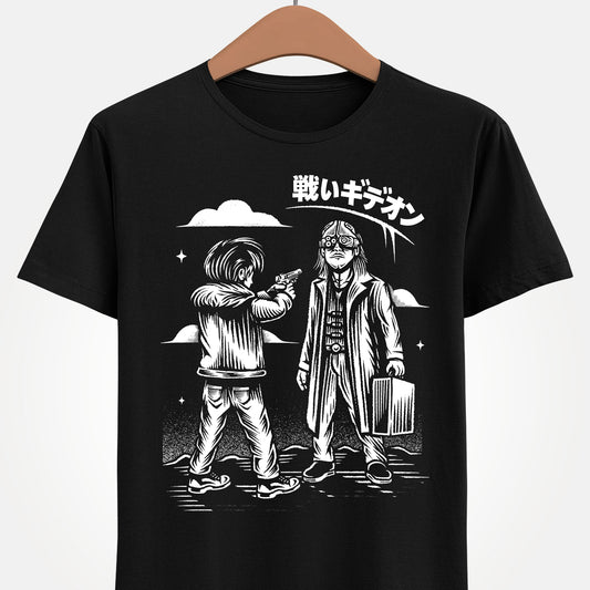 Resident Evil Requiem t-shirt featuring Leon S. Kennedy confronting Victor Gideon. Inspired by Resident Evil 9 (RE9), this survival horror design captures the intense atmosphere of the iconic horror game series. Perfect gamer merch for fans of Resident Evil, horror video games, and dark action-packed designs.