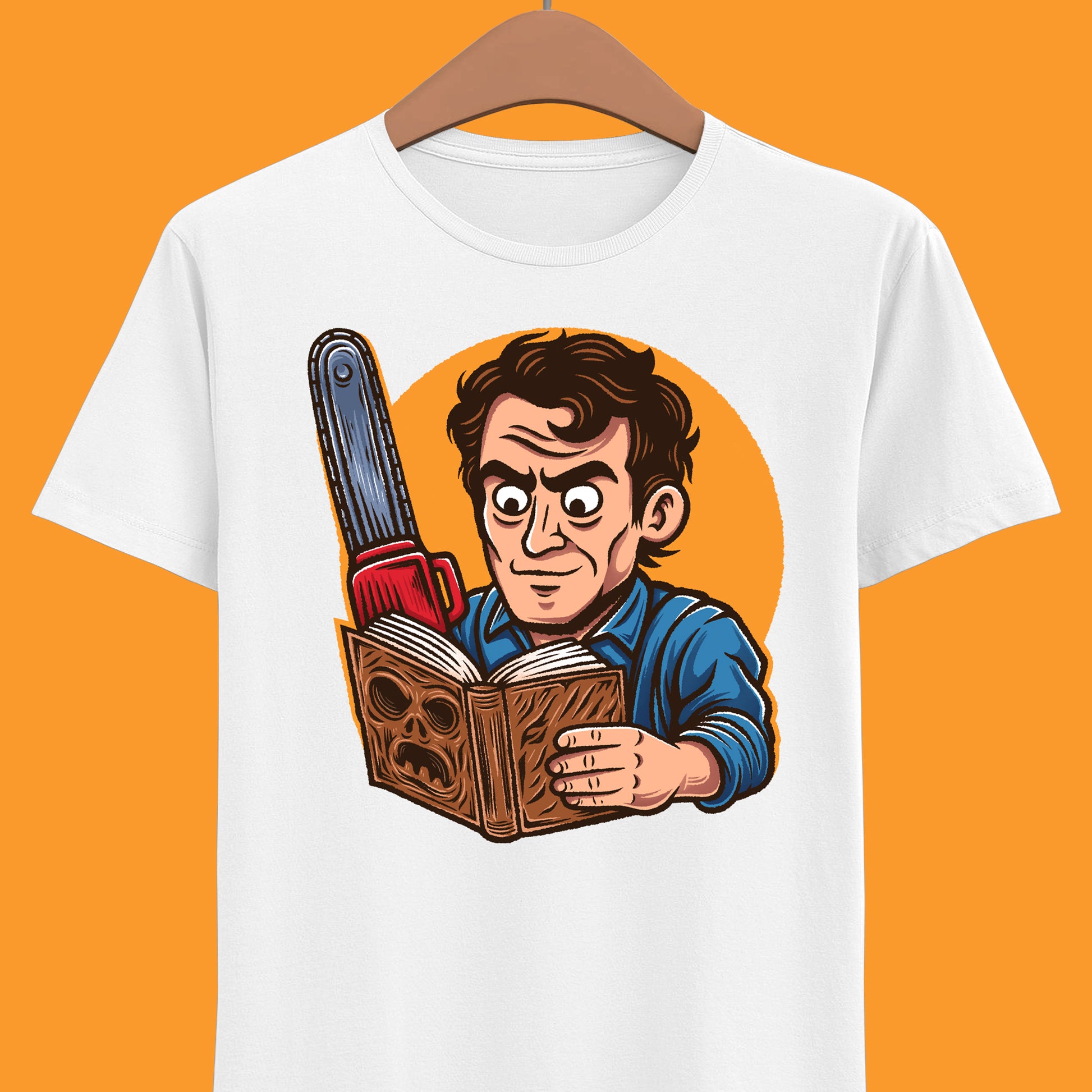 Groovy! A funny Evil Dead T-shirt featuring Ash Williams reading the Necronomicon wrong. Perfect for 90s horror comedy fans. Every single little tiny syllable matters reading Necronomicon Ex-Mortis. Klaatu Verata Nikto!

ash williams funny t-shirt, evil dead ash williams t-shirt, evil dead army of darkness ash williams t-shirt, ash vs evil dead t-shirt, evil dead army of darkness ash necronomicon t-shirt, necronomicon ex-mortix funny shirt, 90s horror movies t-shirt, 90s horror comedy movie tee