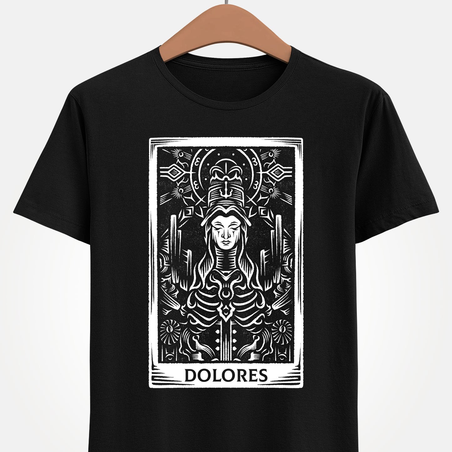 Madre Dolores tarot card t-shirt inspired by Crisol Theater of Idols, gothic horror dark fantasy tarot design featuring the mysterious character in occult tarot card style artwork.