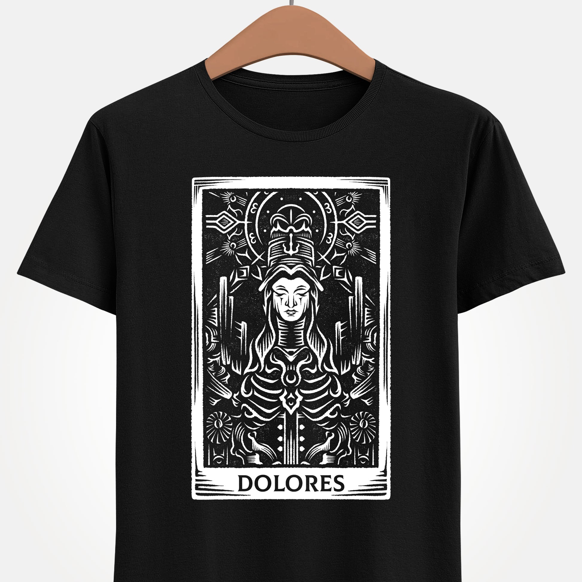 Madre Dolores tarot card t-shirt inspired by Crisol Theater of Idols, gothic horror dark fantasy tarot design featuring the mysterious character in occult tarot card style artwork.