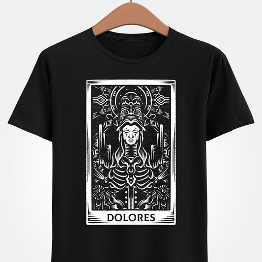 Madre Dolores tarot card t-shirt inspired by Crisol Theater of Idols, gothic horror dark fantasy tarot design featuring the mysterious character in occult tarot card style artwork.