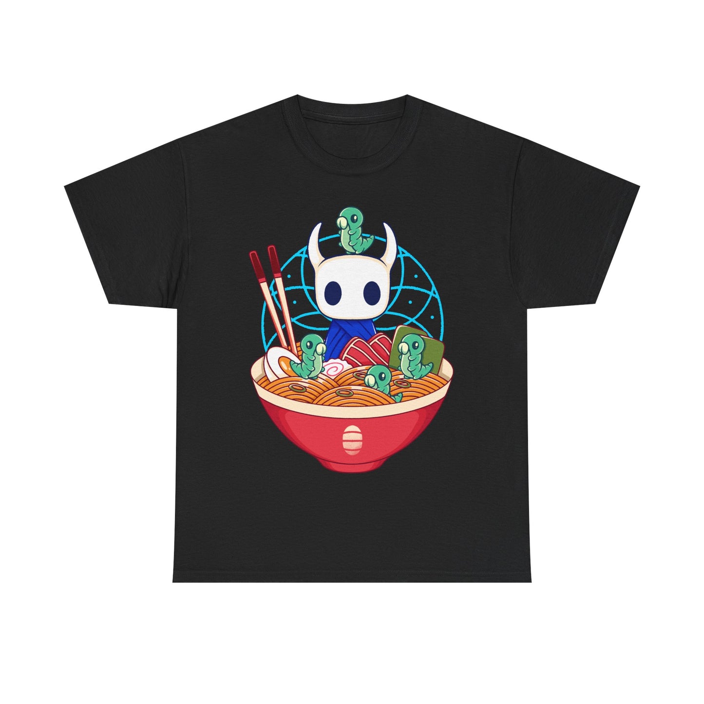 Cute Hollow Knight T-shirt featuring The Knight and adorable Grubs sitting inside a colorful ramen noodle bowl in a kawaii Japanese art style. The design blends food-themed illustration with indie game aesthetics, creating a fun and cozy look perfect for Hollow Knight fans, metroidvania lovers, ramen enthusiasts, and collectors. High-quality print ideal for gamers who enjoy cute cartoon art and unique fan-made apparel. hollow knight the knight ramen t-shirt, hollow knight ramen shirt, ramen tee