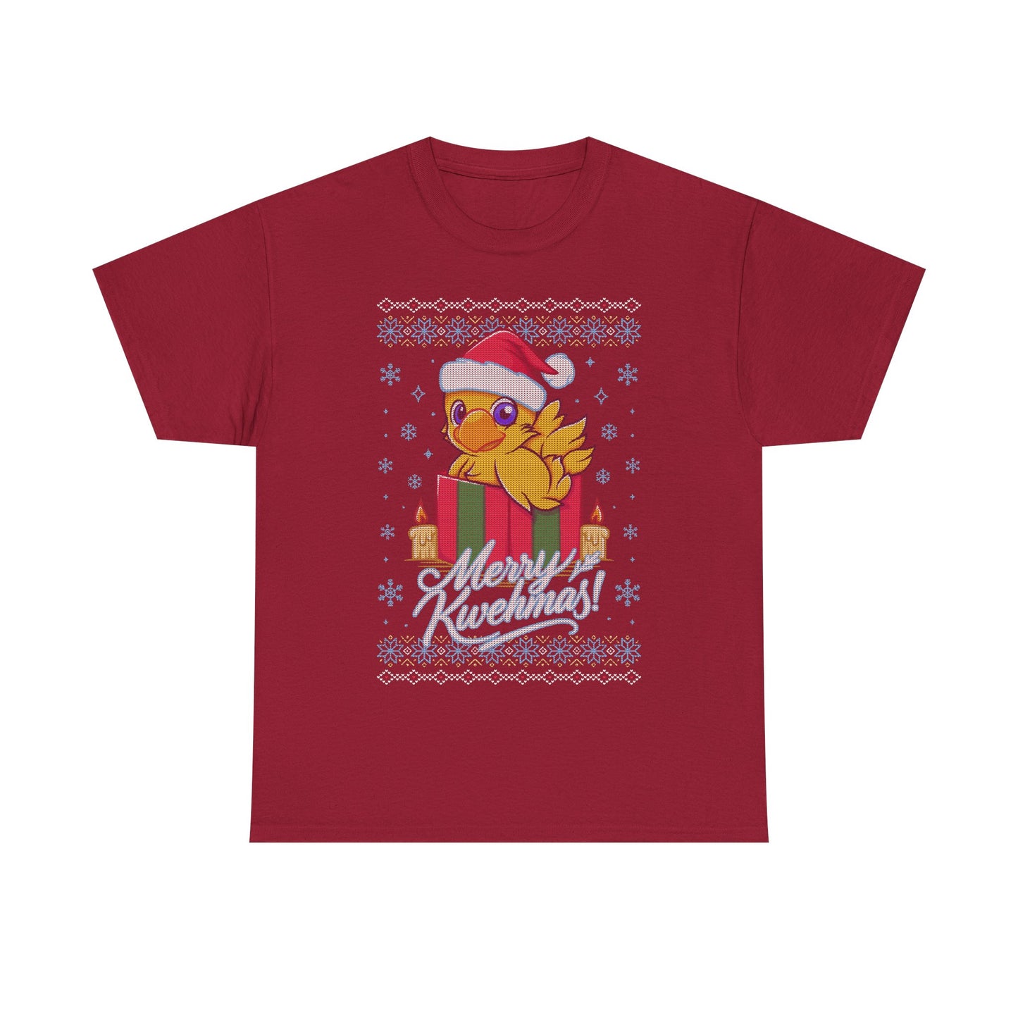 High-quality T-shirt featuring a cute Chocobo from the Final Fantasy series sitting inside a Christmas gift box and wearing a festive Santa hat. The design blends JRPG charm with adorable holiday aesthetics, making it perfect for fans of Chocobos, Christmas gaming apparel, and cute kawaii art. Ideal for gifting, collectors, and gamers who enjoy cozy festive clothing. Soft unisex tee suitable for daily wear during the holiday season. cute chocobo kawaii t-shirt, final fantasy christmas t-shirt