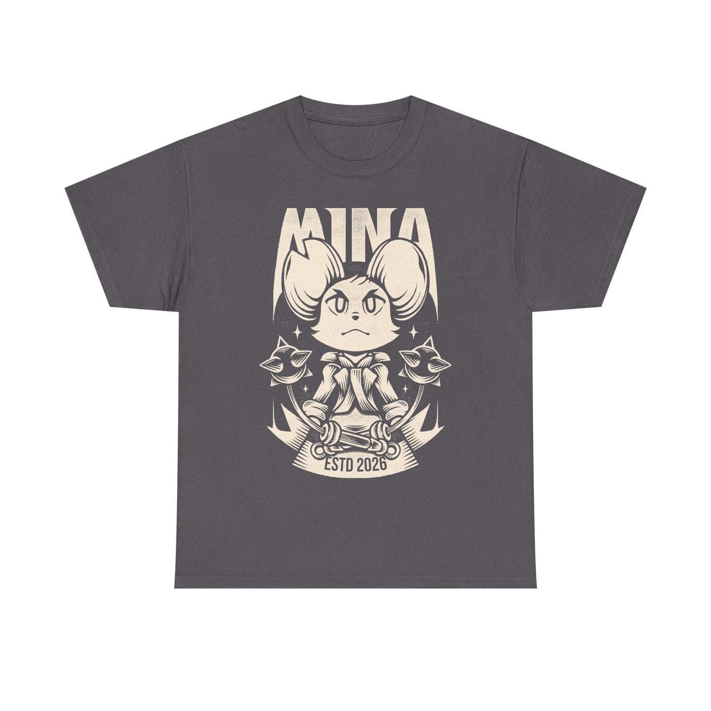 Mina the Hollower t-shirt featuring Mina wielding the Nightstar Whip in a gothic pixel art indie action RPG inspired design set in Tenebrous Isle.