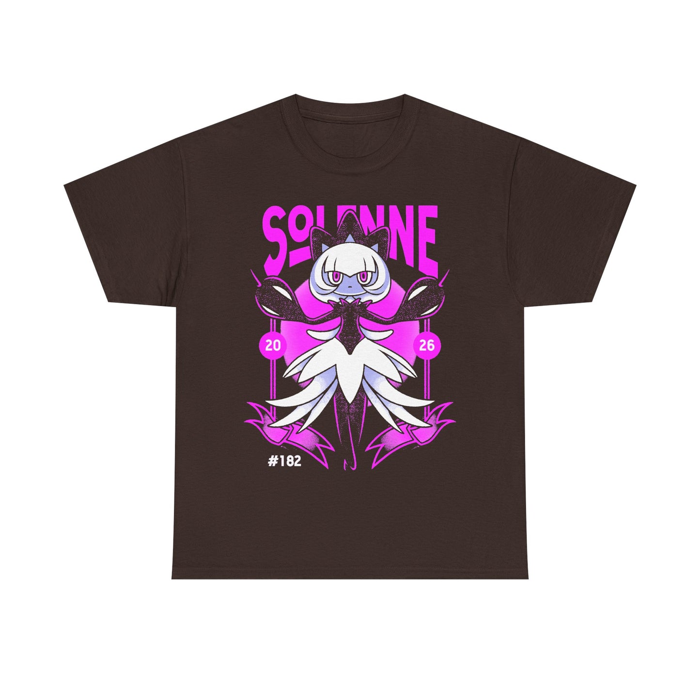Palworld Solenne t-shirt featuring the Dark and Neutral Pal inspired by her elegant dancer appearance, Untainted Maiden skill and black feather aesthetic.