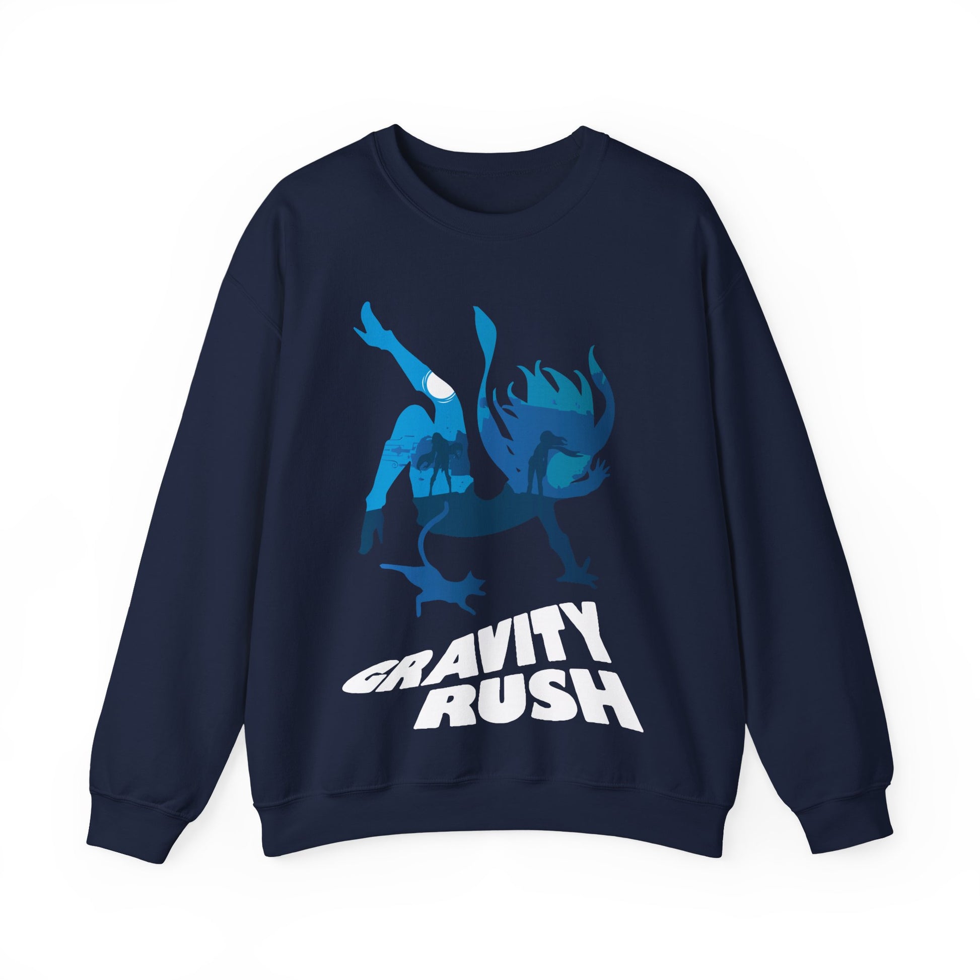 Gravity Rush crewneck sweatshirt featuring Kat, Dusty and Raven in the city of Auldnoir. Designed in layered blue vector silhouettes to create depth and atmospheric perspective, this unisex gamer sweatshirt captures the gravity-shifting aesthetic of Gravity Rush and Gravity Rush 2. Perfect action-adventure video game merch for fans of Japanese art style, anime-inspired design, and PlayStation cult classics.