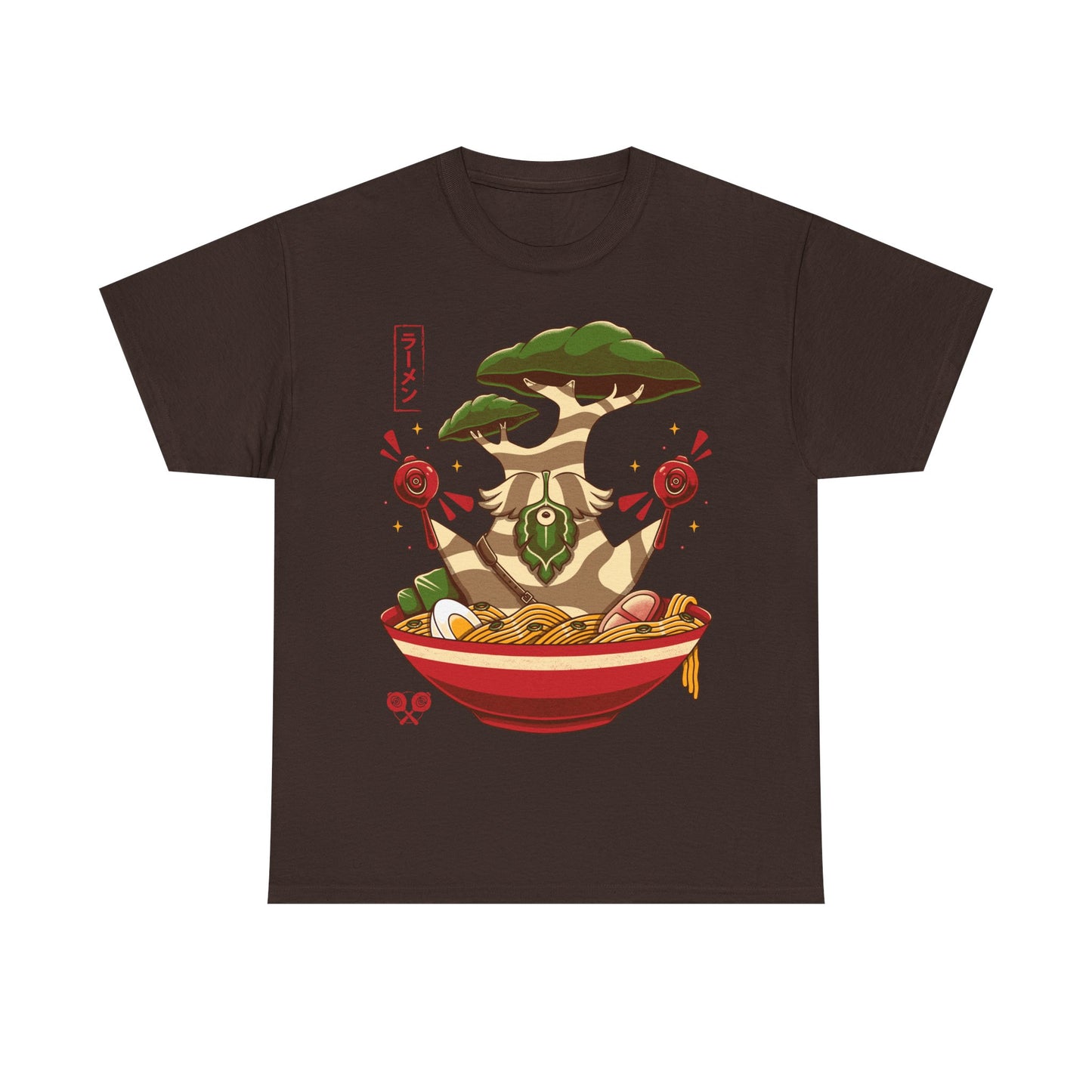 Hestu Korok t-shirt from The Legend of Zelda Breath of the Wild featuring Hestu doing the Shalaka Dance inside a ramen noodle bowl in cute gamer style.