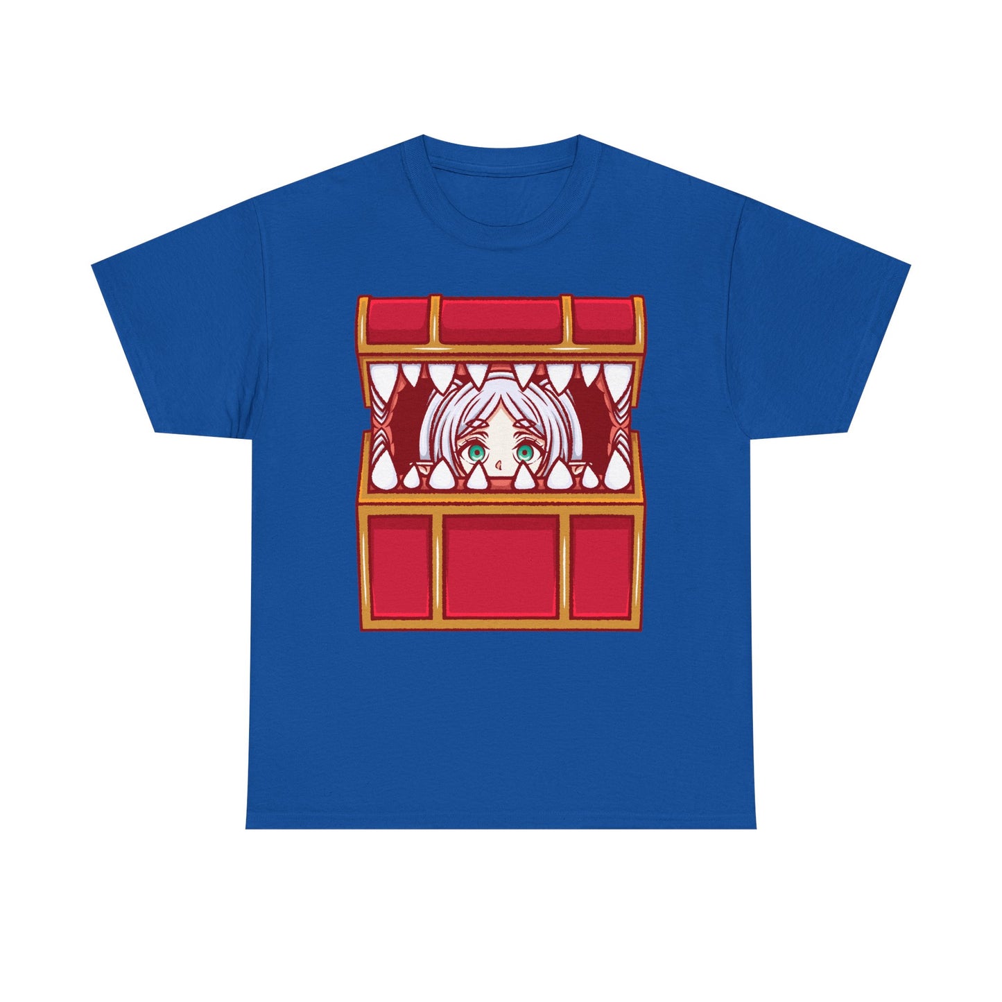 Frieren Mimic t-shirt inspired by Sōsō no Frieren: Beyond Journey’s End, featuring the elf mage protagonist being playfully eaten by a treasure chest mimic in a cute kawaii art style. This unisex anime shirt captures the viral meme loved by fans across the internet. Perfect fantasy anime merch for collectors, otaku enthusiasts, and fans of Frieren who enjoy funny dungeon moments and RPG-inspired designs.
