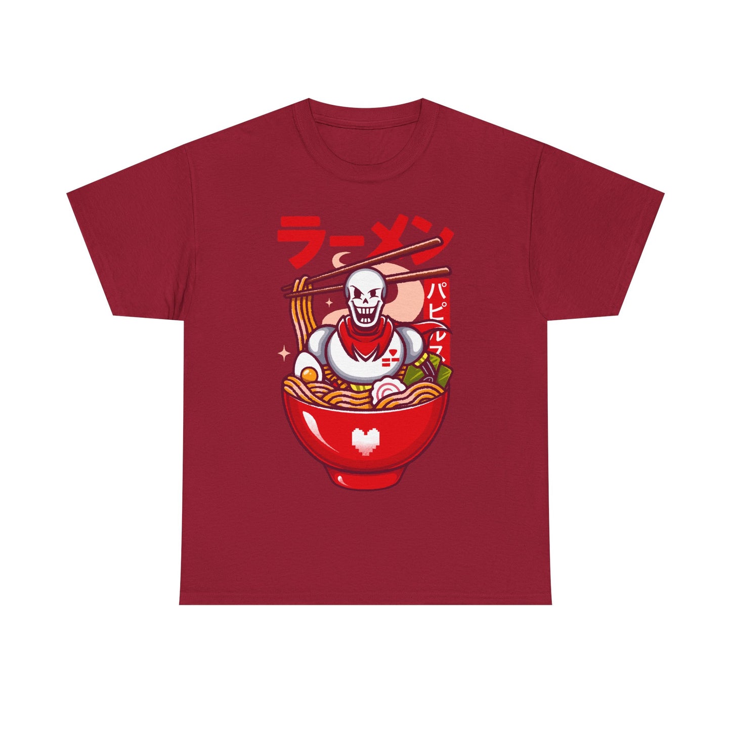 Image of a Papyrus T-shirt inspired by the indie game Undertale, featuring Papyrus sitting inside a Japanese ramen bowl in a cute kawaii art style. The design includes noodles, chopsticks and bright manga-style colors, perfect for fans of Papyrus, Sans, Undyne and the Undertale cast. Ideal for gamers who love Japanese food, ramen-themed apparel, geek culture, and unique Undertale merch with a playful aesthetic. papyrus undertale t-shirt, papyrus undertale video game merch, papyrus undertale tee