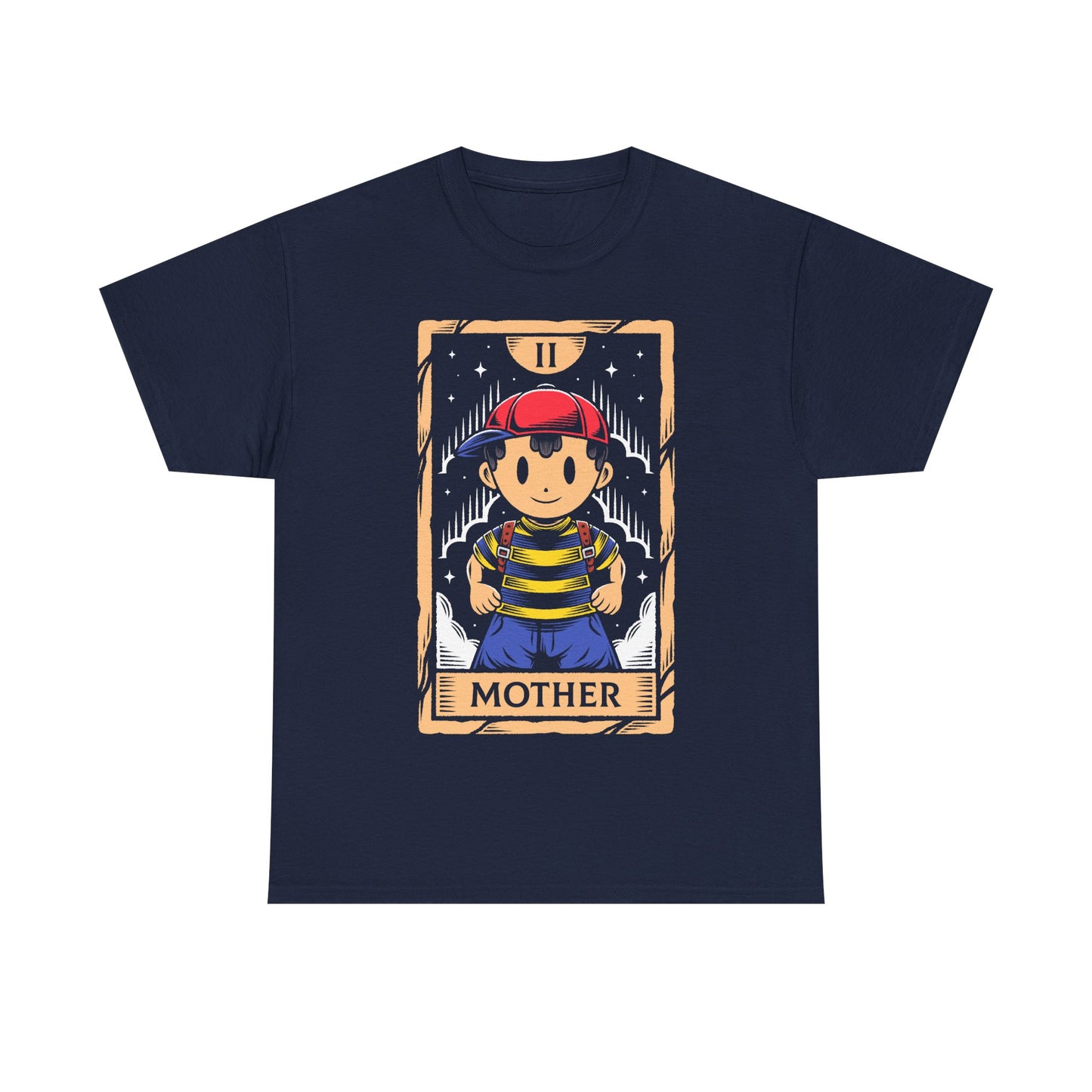 Discover this Ness tarot card t-shirt inspired by EarthBound (Mother 2) video game. A retro RPG design featuring the iconic PSI powered hero in a mystical tarot card illustration. This shirt is perfect retrogamers who love Earthbound game.
