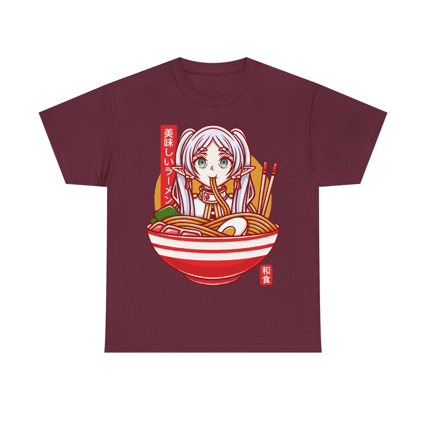 Frieren ramen t-shirt inspired by Sōsō no Frieren: Beyond Journey’s End, featuring the elf mage protagonist inside a stylized Japanese ramen bowl. This unisex anime shirt blends fantasy aesthetics with cozy ramen culture, creating a unique design for fans of the manga and anime series. Perfect anime merch for collectors, otaku enthusiasts, and lovers of Japanese art inspired apparel. Ideal t-shirt for Frieren fans and fantasy anime lovers.