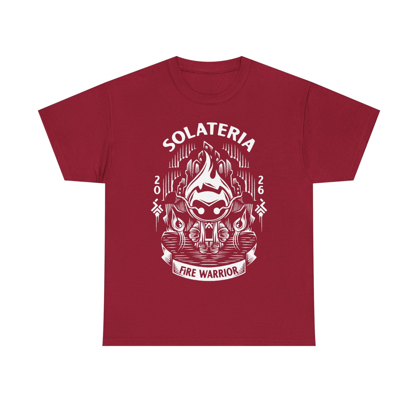 Solateria Fire Warrior t-shirt featuring the protagonist of the indie metroidvania game in a dark fantasy action platformer design.