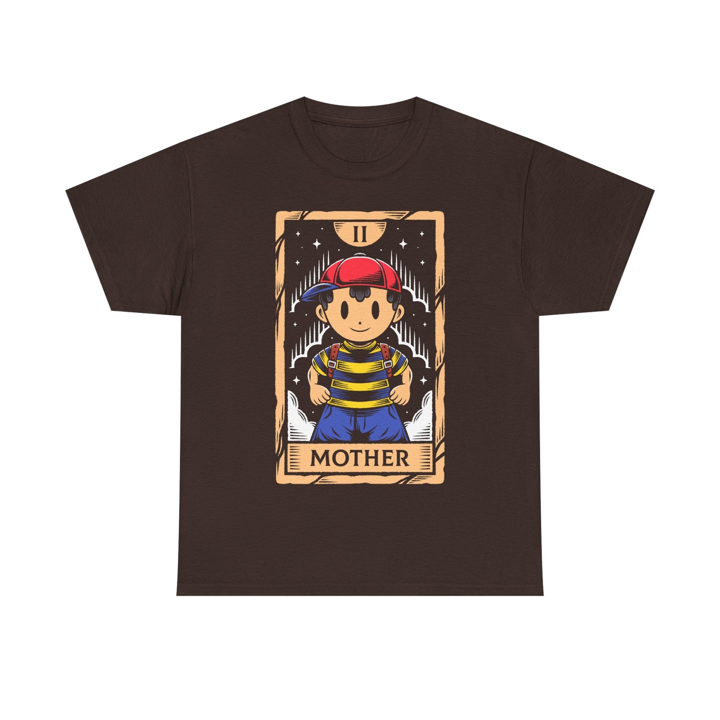 Discover this Ness tarot card t-shirt inspired by EarthBound (Mother 2) video game. A retro RPG design featuring the iconic PSI powered hero in a mystical tarot card illustration. This shirt is perfect retrogamers who love Earthbound game.