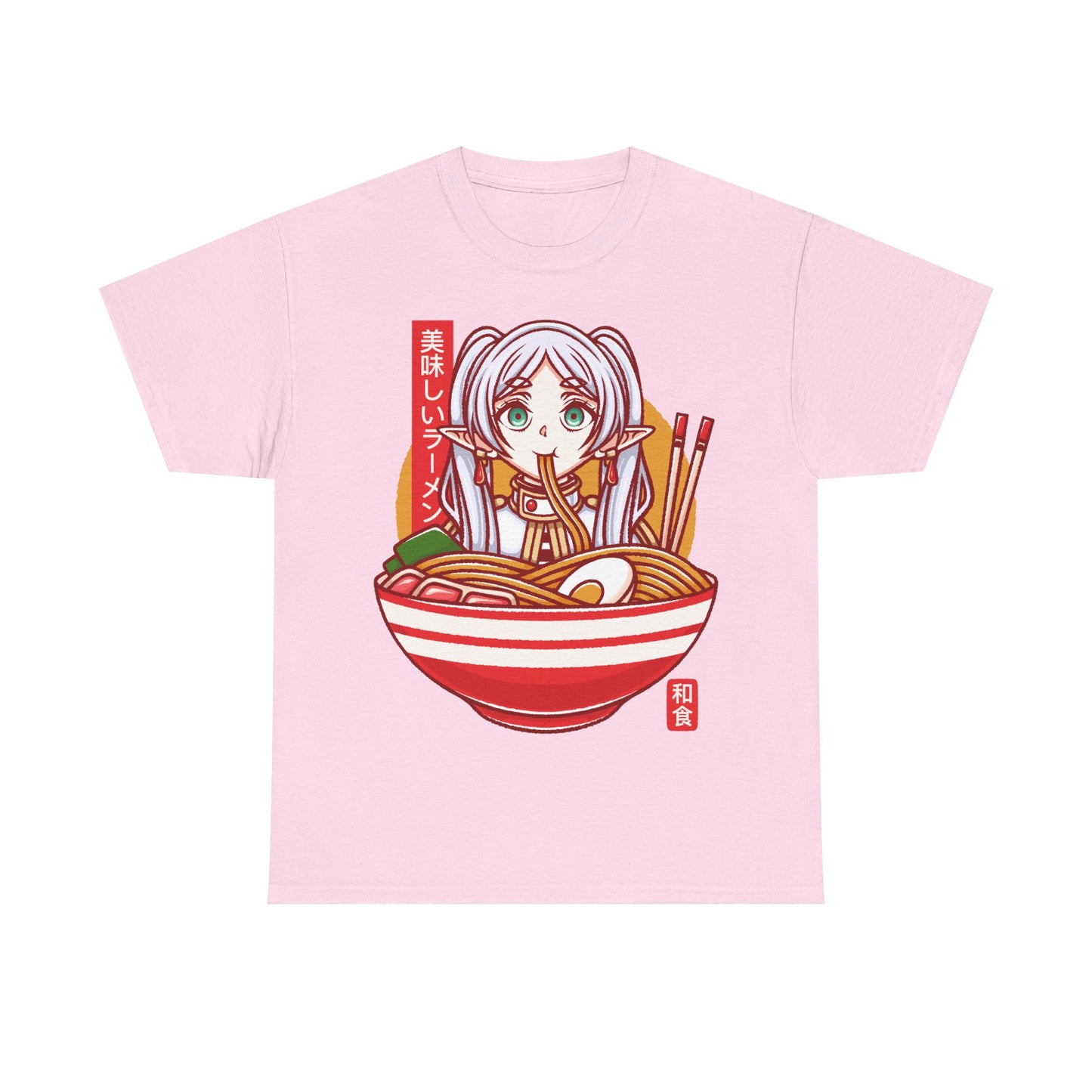 Frieren ramen t-shirt inspired by Sōsō no Frieren: Beyond Journey’s End, featuring the elf mage protagonist inside a stylized Japanese ramen bowl. This unisex anime shirt blends fantasy aesthetics with cozy ramen culture, creating a unique design for fans of the manga and anime series. Perfect anime merch for collectors, otaku enthusiasts, and lovers of Japanese art inspired apparel. Ideal t-shirt for Frieren fans and fantasy anime lovers.