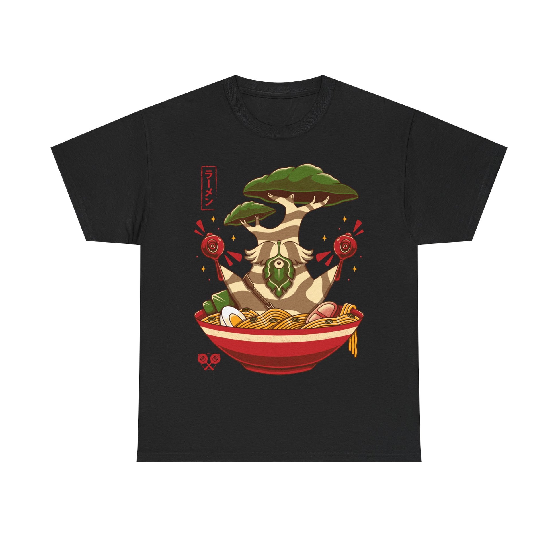 Hestu Korok t-shirt from The Legend of Zelda Breath of the Wild featuring Hestu doing the Shalaka Dance inside a ramen noodle bowl in cute gamer style.
