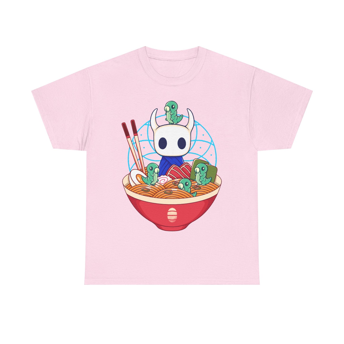 Cute Hollow Knight T-shirt featuring The Knight and adorable Grubs sitting inside a colorful ramen noodle bowl in a kawaii Japanese art style. The design blends food-themed illustration with indie game aesthetics, creating a fun and cozy look perfect for Hollow Knight fans, metroidvania lovers, ramen enthusiasts, and collectors. High-quality print ideal for gamers who enjoy cute cartoon art and unique fan-made apparel. hollow knight the knight ramen t-shirt, hollow knight ramen shirt, ramen tee