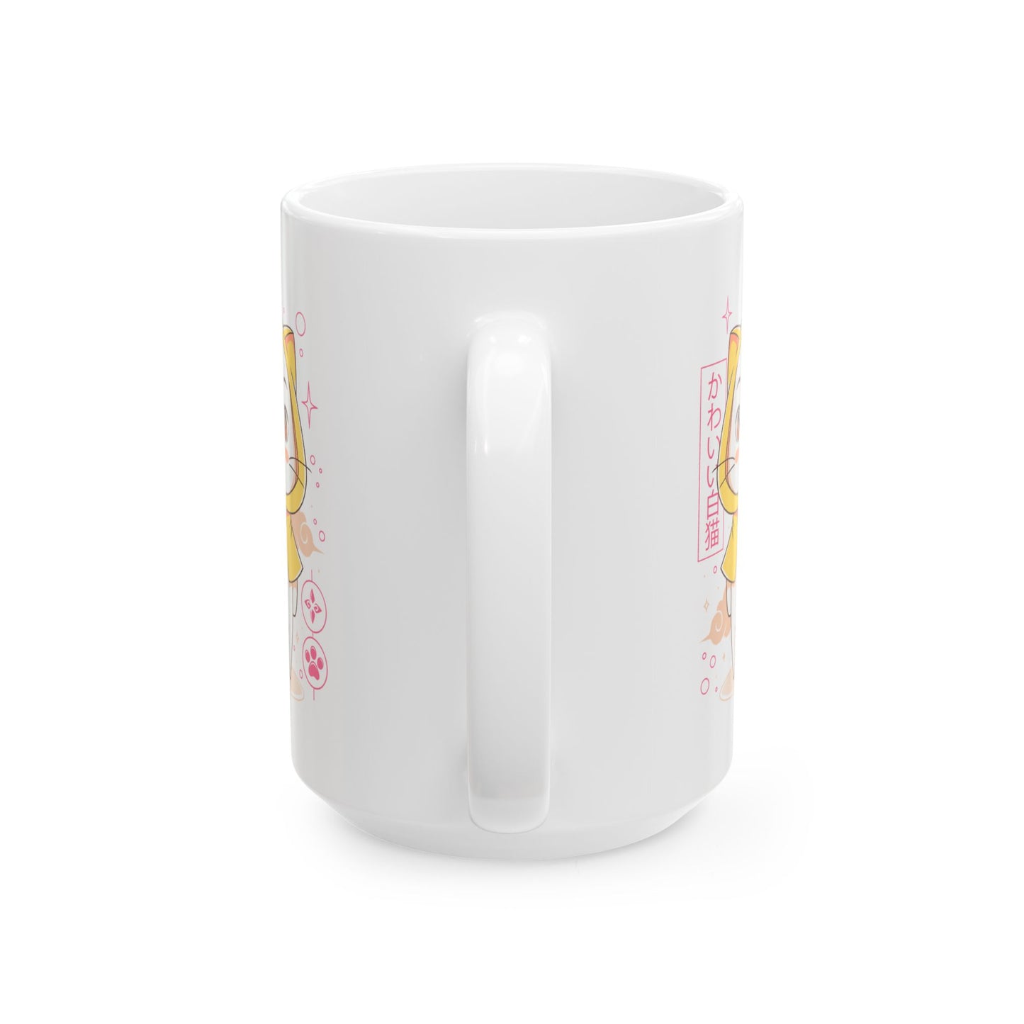 White Cat with Yellow Cape Ceramic Coffee Cups, 11oz, 15oz