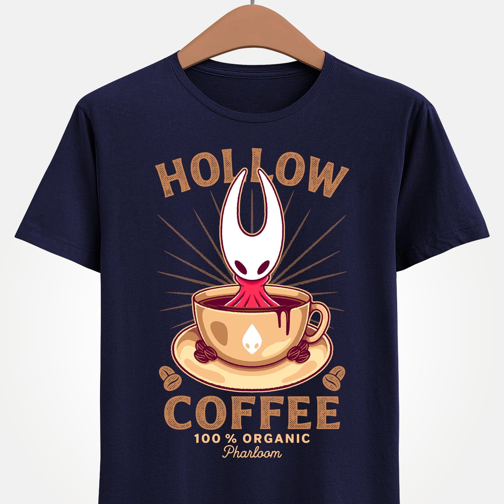 Cute T-shirt featuring Hornet from Hollow Knight Silksong sitting inside a warm coffee mug in a kawaii art style. This cozy design blends indie game aesthetics with coffee-lover vibes, perfect for fans of Hornet, Silksong, and Hollow Knight. The illustration uses soft colors and adorable details to appeal to cute-art lovers, cozy gamers, and collectors looking for unique fan-made merch. Ideal for everyday wear and gamer-themed outfits. hollow knight silksong merch, hollow knight coffee t-shirt