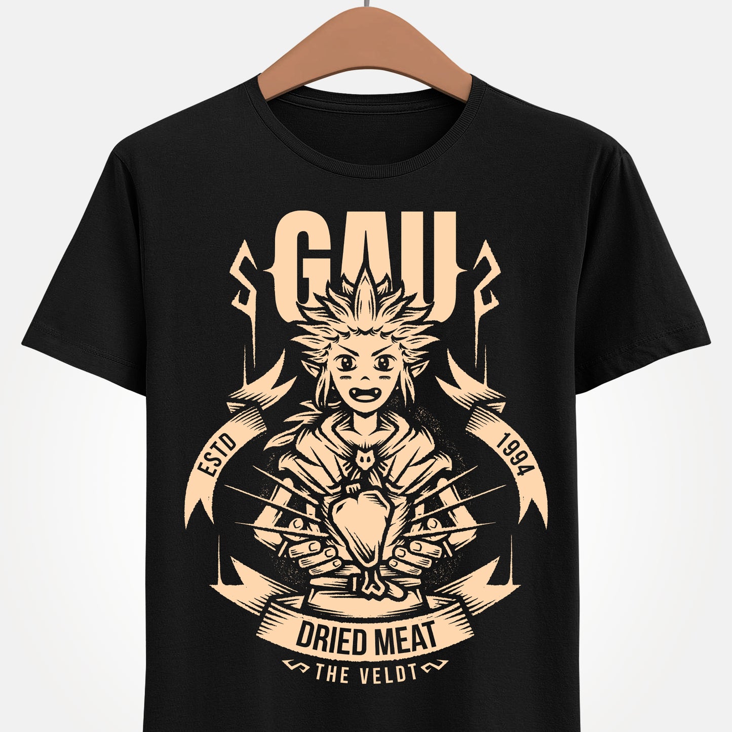 Gau Final Fantasy VI t-shirt featuring the Veldt recruitment scene with Sabin and Cyan using dried meat in the classic FF6 retro RPG. Perfect tee for Final Fantasy 6 gamers who wants unique merch.