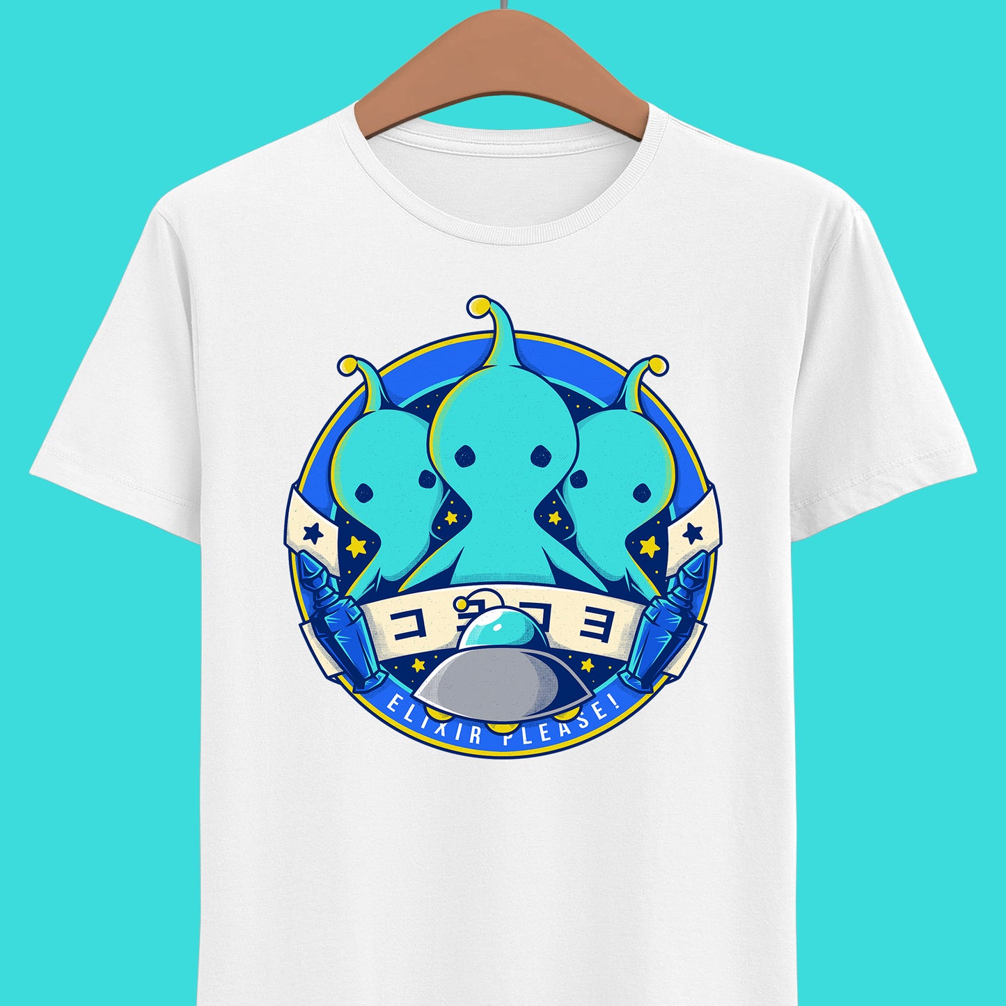 Pupu Final Fantasy T-Shirt featuring the iconic blue alien from FFVIII and FFXIV in a cute kawaii style. High-quality gamer apparel, perfect for JRPG fans, collectors, and retro gaming lovers. Exclusive Pupu alien graphic tee inspired by the UFO encounters in Final Fantasy VIII and Final Fantasy XIV. Unisex video game shirt ideal as a gift for gamers and anime fans. final fantasy viii merch, ffviii merch, ffxiv merch, final fantasy xiv merch, final fantasy viii pupu
