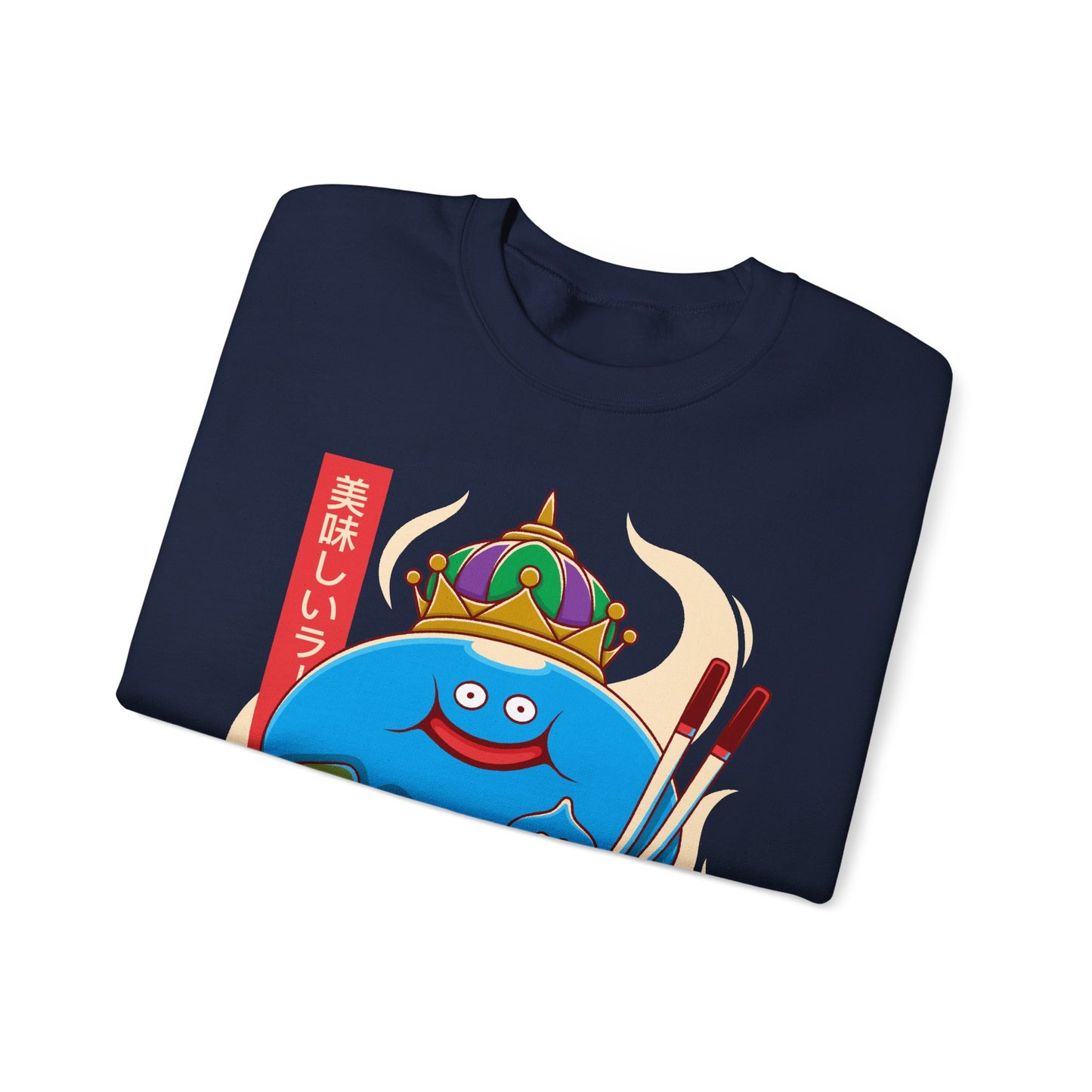 Cozy crewneck sweatshirt featuring King Slime from Dragon Quest sitting inside a detailed ramen bowl. The design blends Japanese food art, JRPG fantasy, and cute gamer aesthetics, making it perfect for fans of slimes, retro RPGs, and ramen culture. High-quality print with vibrant colors, ideal for collectors of Dragon Quest merch, Japanese-inspired apparel, and gaming streetwear. dragon quest video games merch, dragon quest crewneck sweatshirt, dragon quest hoodie, dragon quest king slime merch