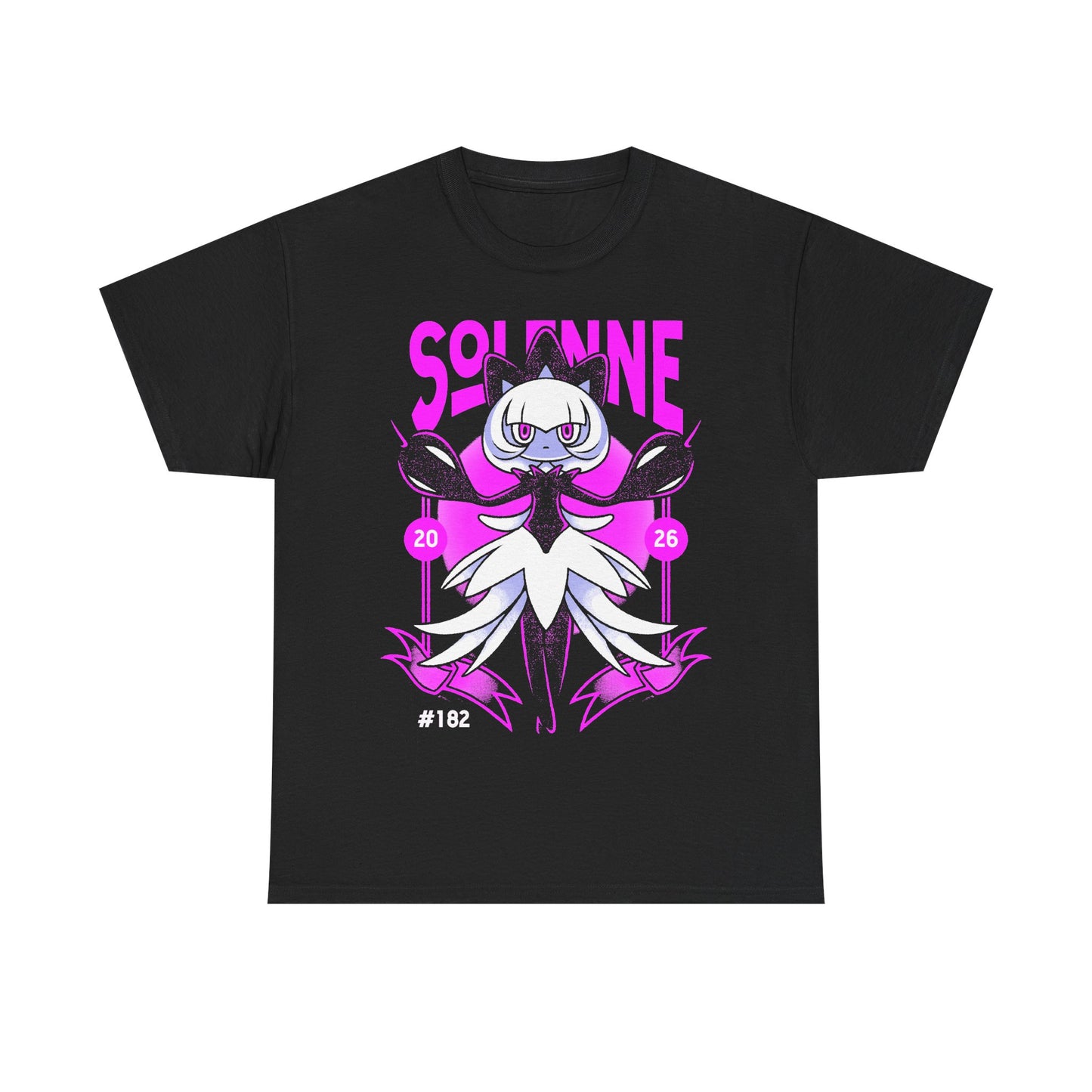Palworld Solenne t-shirt featuring the Dark and Neutral Pal inspired by her elegant dancer appearance, Untainted Maiden skill and black feather aesthetic.