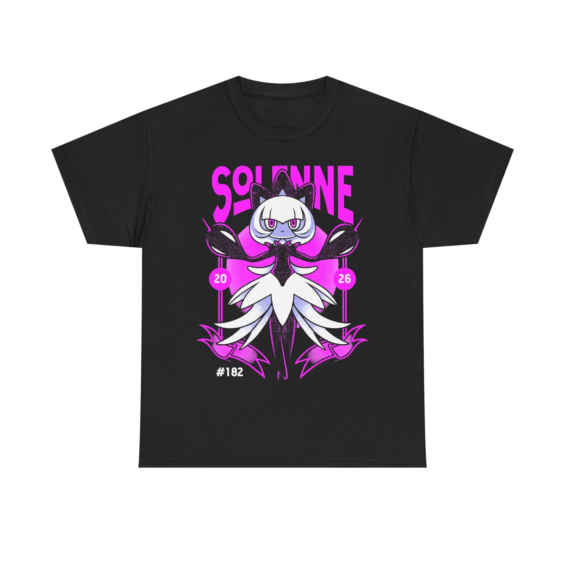 Palworld Solenne t-shirt featuring the Dark and Neutral Pal inspired by her elegant dancer appearance, Untainted Maiden skill and black feather aesthetic.