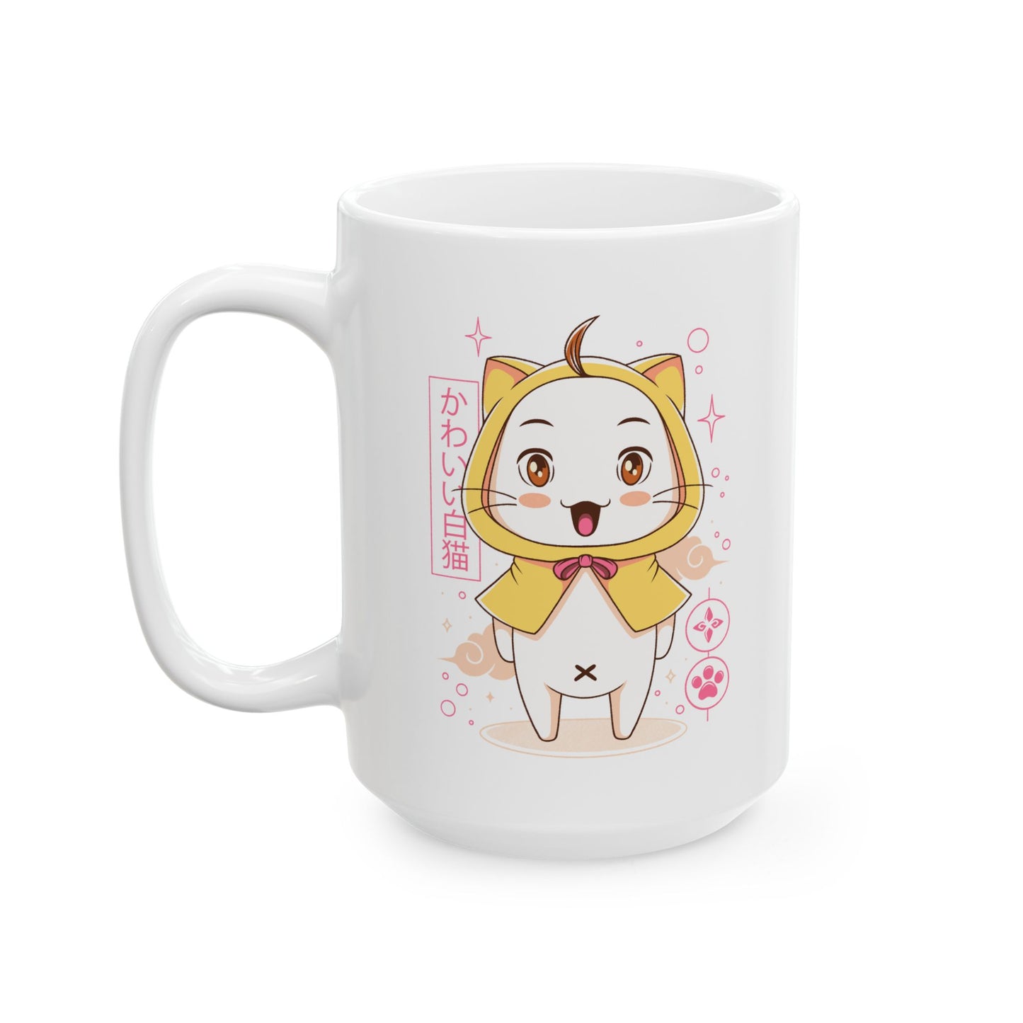 White Cat with Yellow Cape Ceramic Coffee Cups, 11oz, 15oz