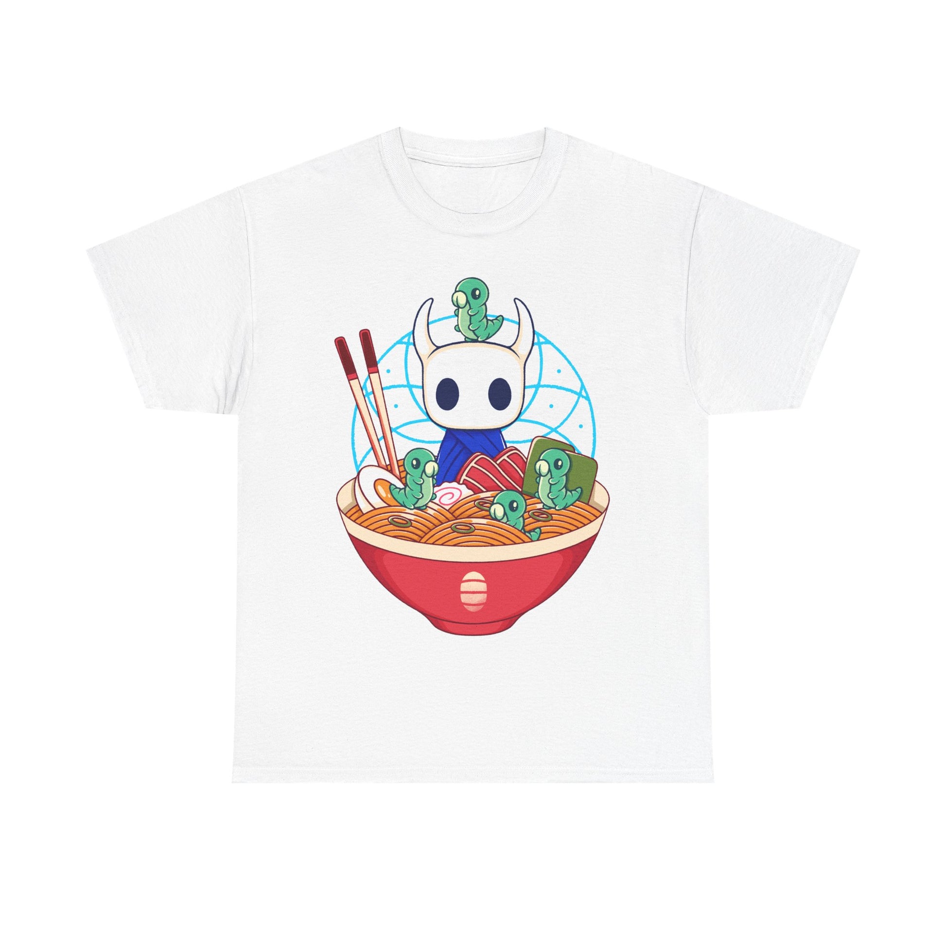 Cute Hollow Knight T-shirt featuring The Knight and adorable Grubs sitting inside a colorful ramen noodle bowl in a kawaii Japanese art style. The design blends food-themed illustration with indie game aesthetics, creating a fun and cozy look perfect for Hollow Knight fans, metroidvania lovers, ramen enthusiasts, and collectors. High-quality print ideal for gamers who enjoy cute cartoon art and unique fan-made apparel. hollow knight the knight ramen t-shirt, hollow knight ramen shirt, ramen tee