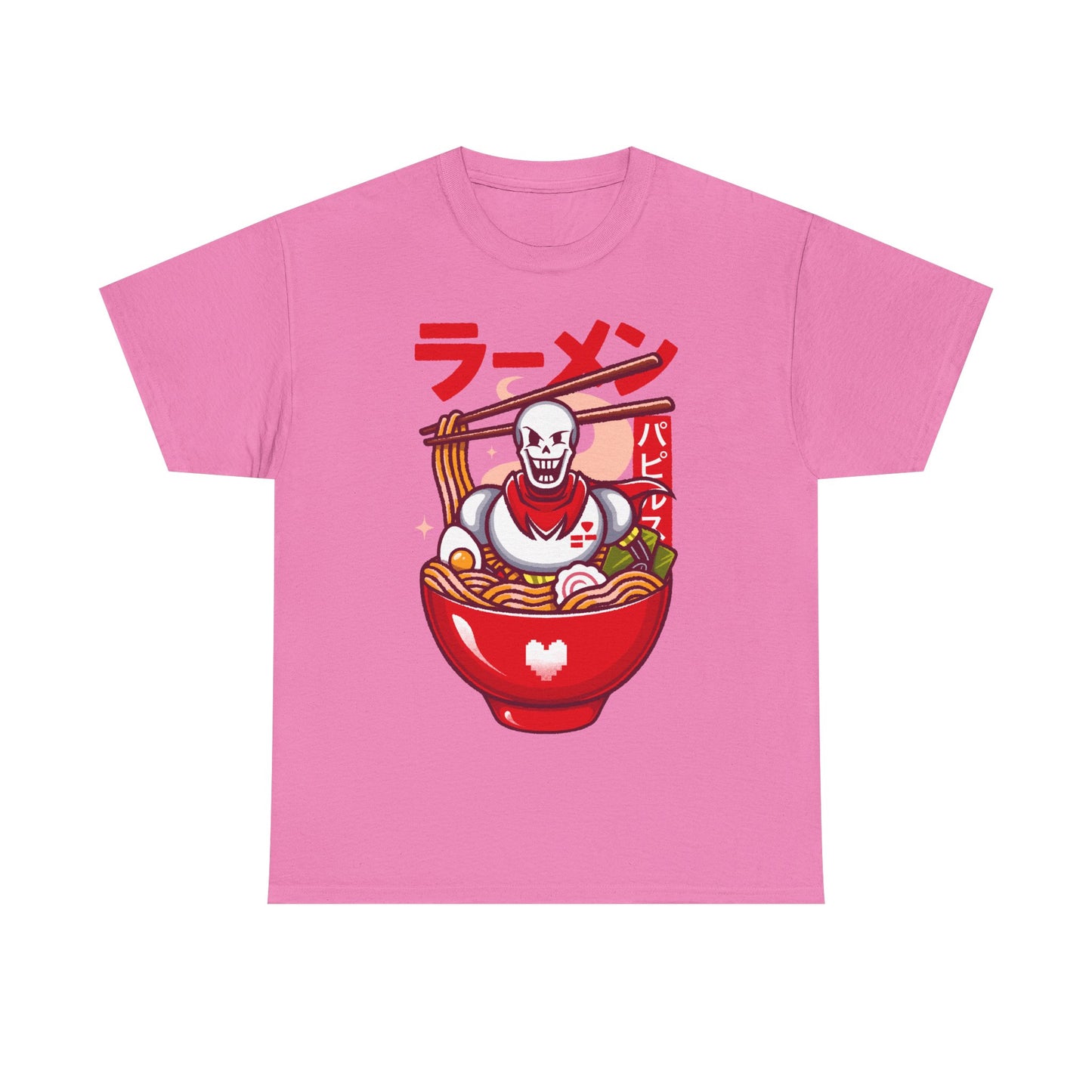 Image of a Papyrus T-shirt inspired by the indie game Undertale, featuring Papyrus sitting inside a Japanese ramen bowl in a cute kawaii art style. The design includes noodles, chopsticks and bright manga-style colors, perfect for fans of Papyrus, Sans, Undyne and the Undertale cast. Ideal for gamers who love Japanese food, ramen-themed apparel, geek culture, and unique Undertale merch with a playful aesthetic. papyrus undertale t-shirt, papyrus undertale video game merch, papyrus undertale tee
