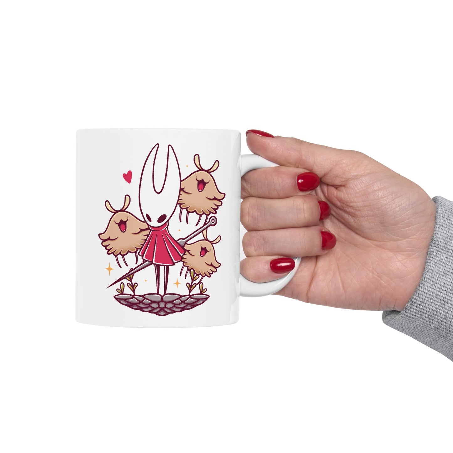 High-quality ceramic mug featuring Hornet and the Lost Fleas from Hollow Knight: Silksong in a cute watercolor art style. This kawaii-inspired design is perfect for indie game fans who love charming characters, cozy aesthetics, and collectible drinkware. Ideal for coffee or tea, the mug’s vibrant print and smooth ceramic finish make it a must-have for Silksong fans, metroidvania lovers, and anyone who enjoys artistic gaming merchandise.