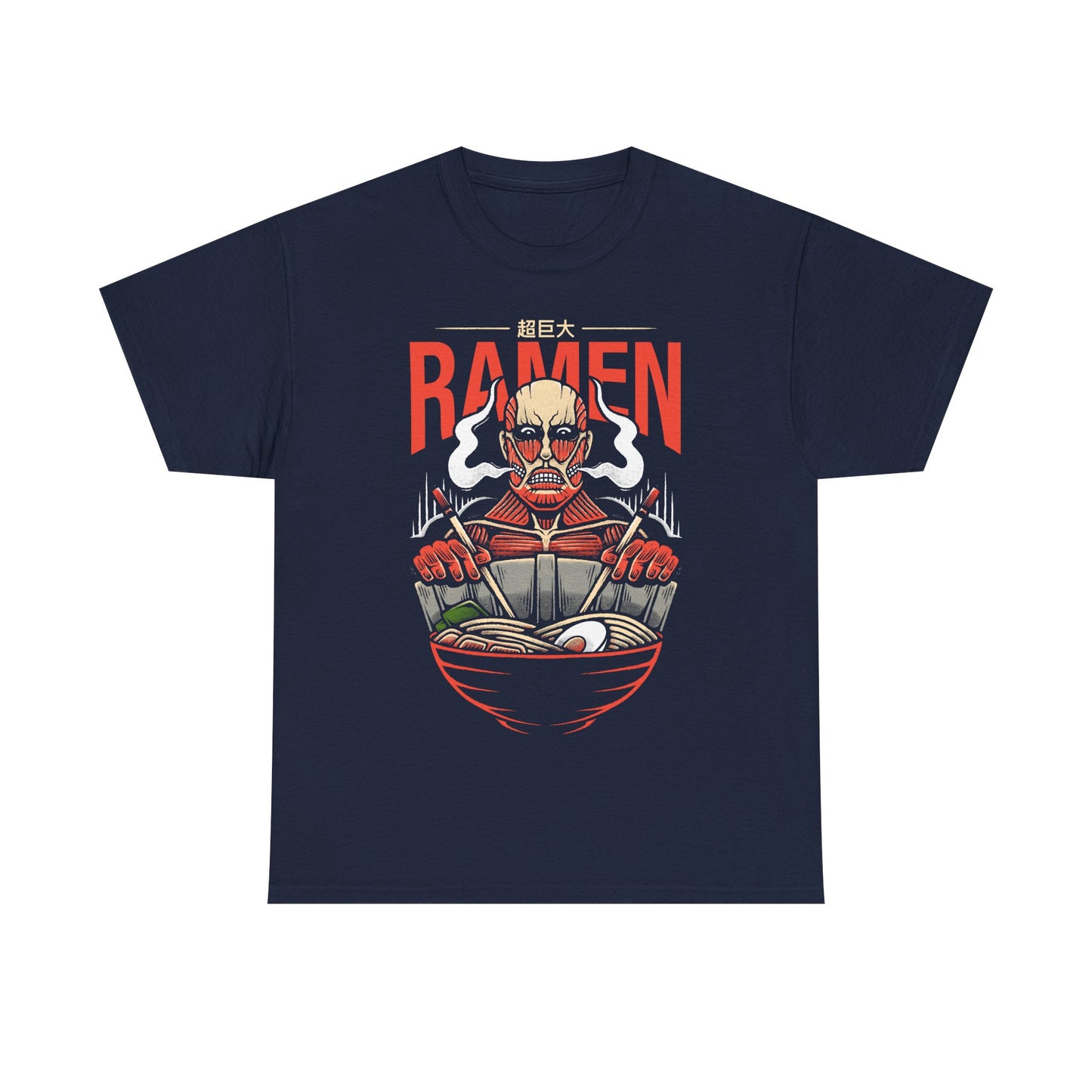 Colossal Titan ramen t-shirt inspired by Attack on Titan featuring a giant anime noodle bowl design. Perfect for anime fans, manga lovers, ramen culture, and otaku streetwear.