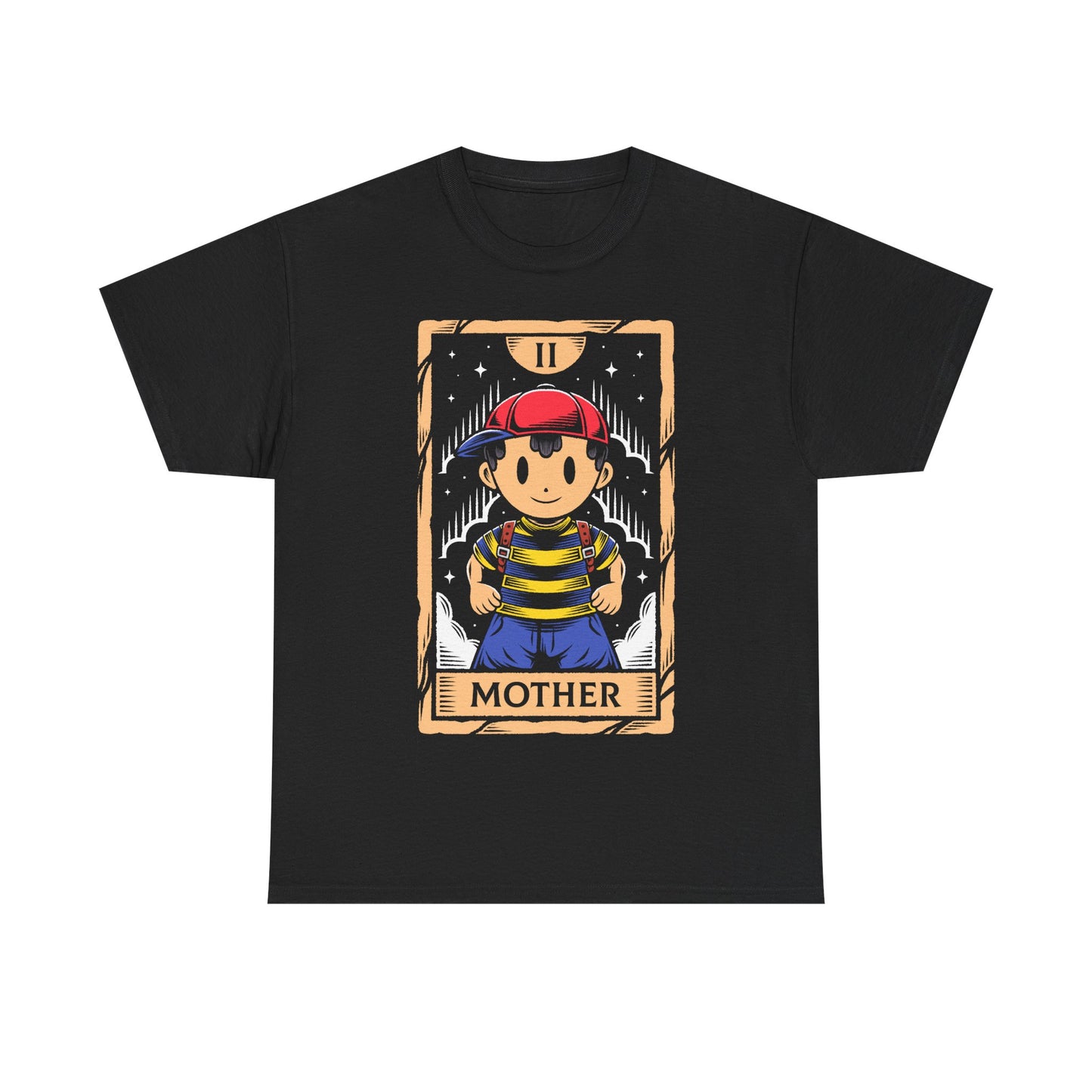 Discover this Ness tarot card t-shirt inspired by EarthBound (Mother 2) video game. A retro RPG design featuring the iconic PSI powered hero in a mystical tarot card illustration. This shirt is perfect retrogamers who love Earthbound game.