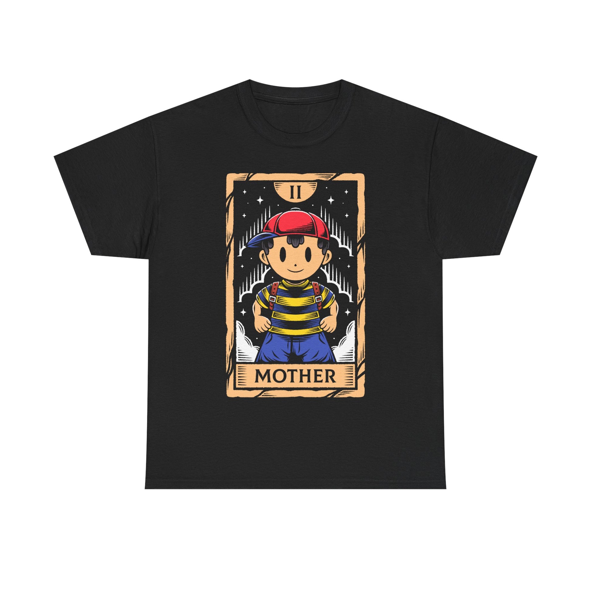 Discover this Ness tarot card t-shirt inspired by EarthBound (Mother 2) video game. A retro RPG design featuring the iconic PSI powered hero in a mystical tarot card illustration. This shirt is perfect retrogamers who love Earthbound game.
