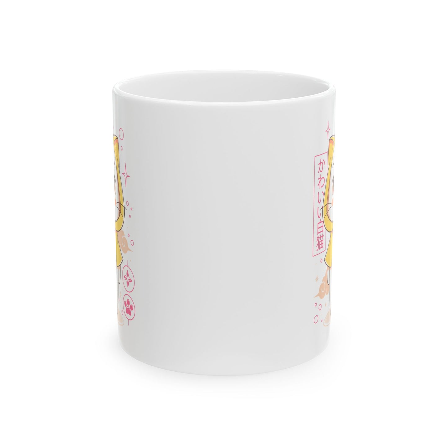 White Cat with Yellow Cape Ceramic Coffee Cups, 11oz, 15oz