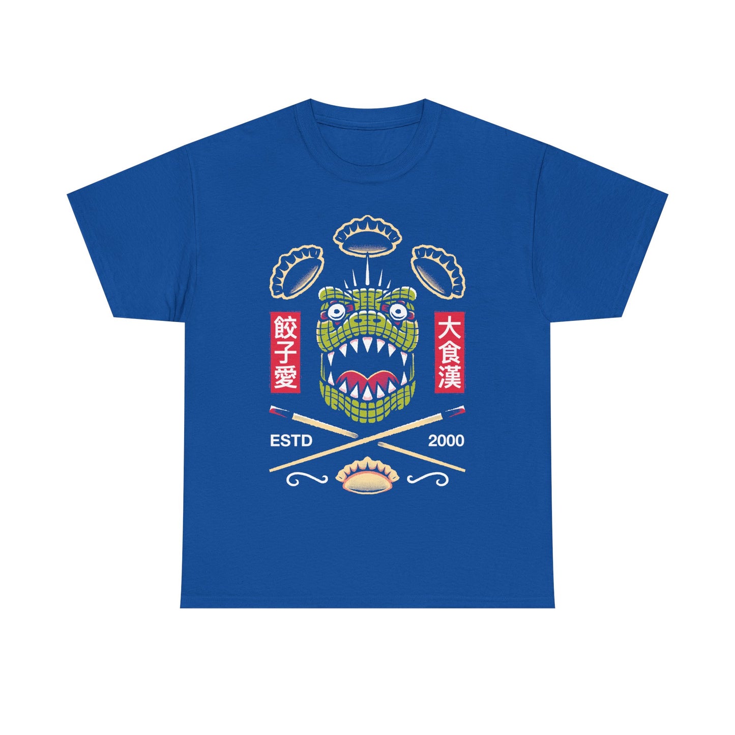 Kaiman Dorohedoro anime t-shirt featuring crossed Japanese chopsticks and gyozas in foodie anime streetwear style.