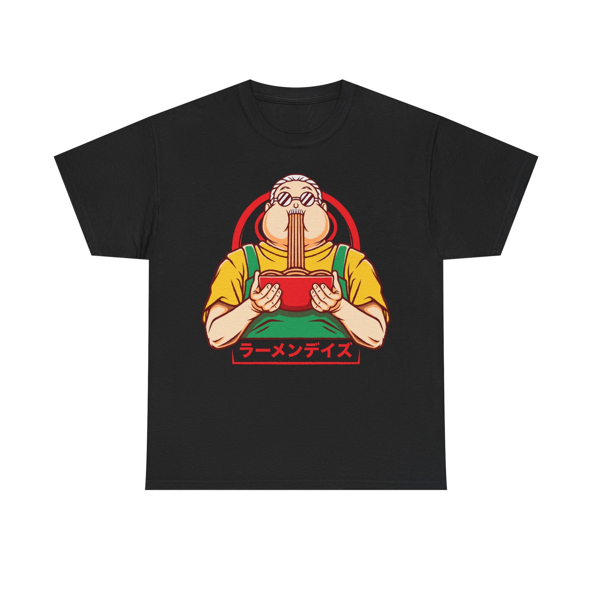 Taro Sakamoto Sakamoto Days ramen t-shirt featuring the legendary hitman inside a Japanese noodle bowl in foodie anime streetwear style.