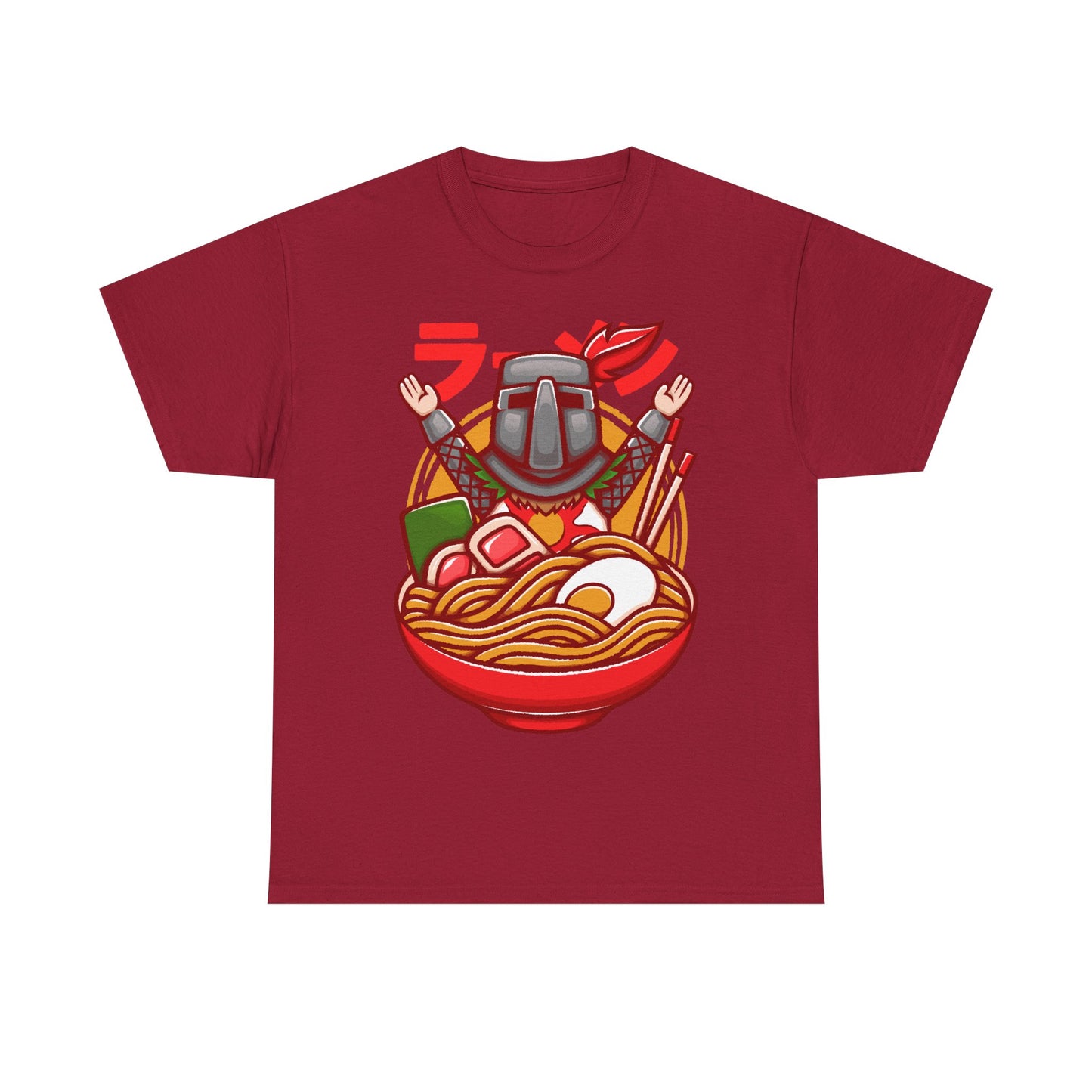 Solaire of Astora ramen t-shirt inspired by Dark Souls, featuring the iconic knight inside a stylized ramen bowl in a fun fantasy art style. This unisex gamer shirt blends action RPG energy with cozy Japanese ramen aesthetics. Perfect for fans of Dark Souls, Dark Souls II, Dark Souls III, Bloodborne, and Elden Ring. Ideal soulslike merch for collectors, FromSoftware fans, and gamers who love unique fantasy designs.